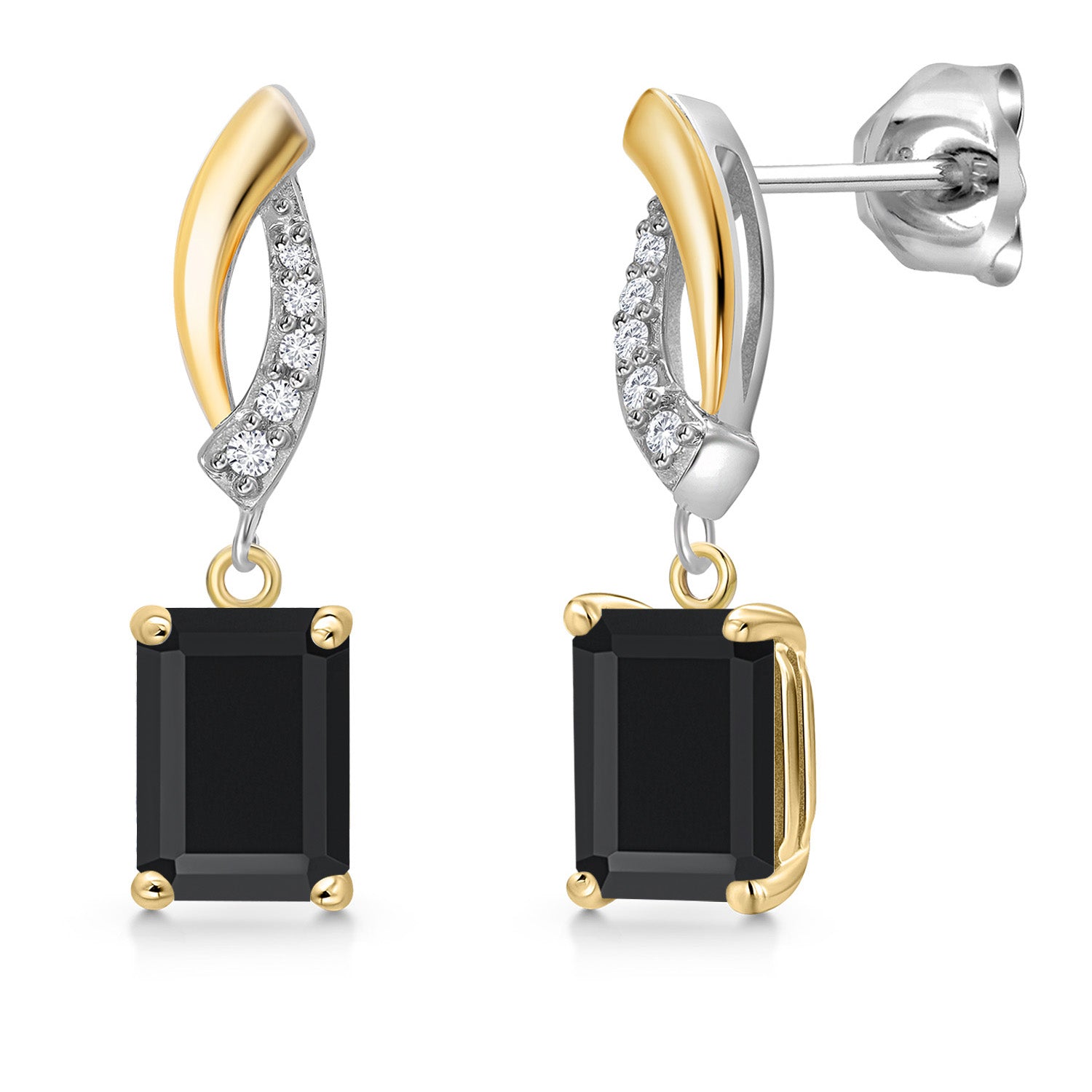 925 Silver and 10K Yellow Gold Black Onyx and Lab Grown Diamond Dangle Earrings for Women | 1.99 Cttw | Gemstone December Birthstone | Emerald Cut 7X5MM