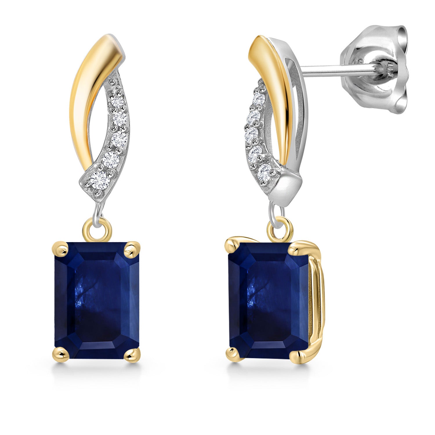 925 Silver and 10K Yellow Gold Blue Sapphire and Lab Grown Diamond Dangle Earrings for Women | 3.17 Cttw | Gemstone September Birthstone | Emerald Cut 7X5MM