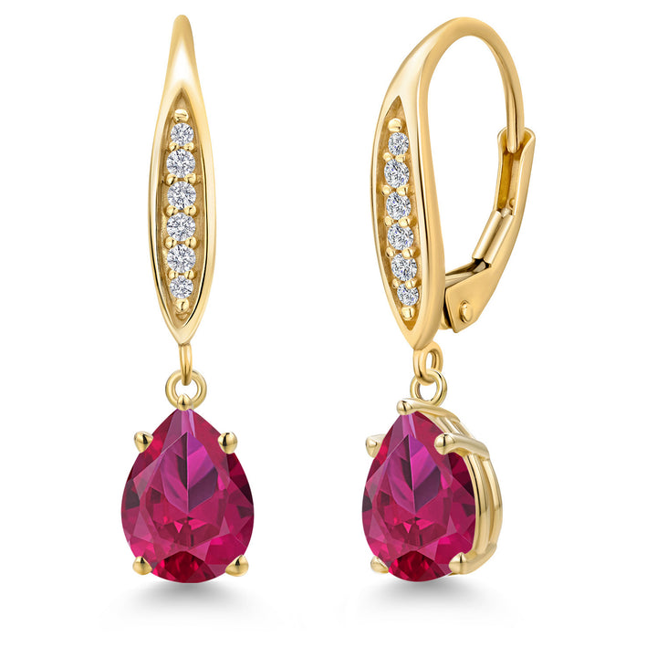 10K Yellow Gold Red Created Ruby and E - F Lab Grown Diamond Dangle Earrings for Women | 2.58 Cttw | Gemstone July Birthstone | Pear Shape 8X6MM