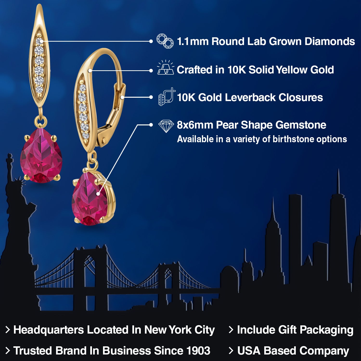 10K Yellow Gold Red Created Ruby and E - F Lab Grown Diamond Dangle Earrings for Women | 2.58 Cttw | Gemstone July Birthstone | Pear Shape 8X6MM