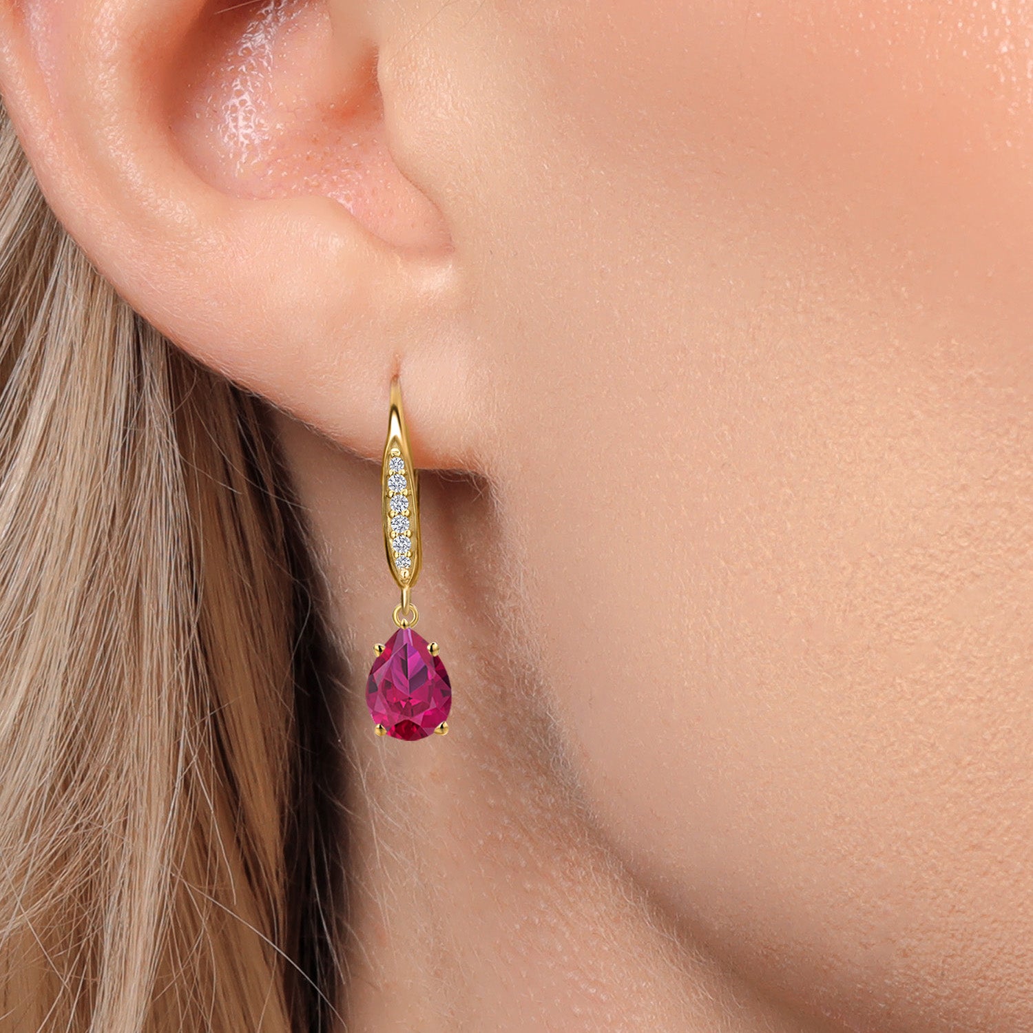 10K Yellow Gold Red Created Ruby and E - F Lab Grown Diamond Dangle Earrings for Women | 2.58 Cttw | Gemstone July Birthstone | Pear Shape 8X6MM