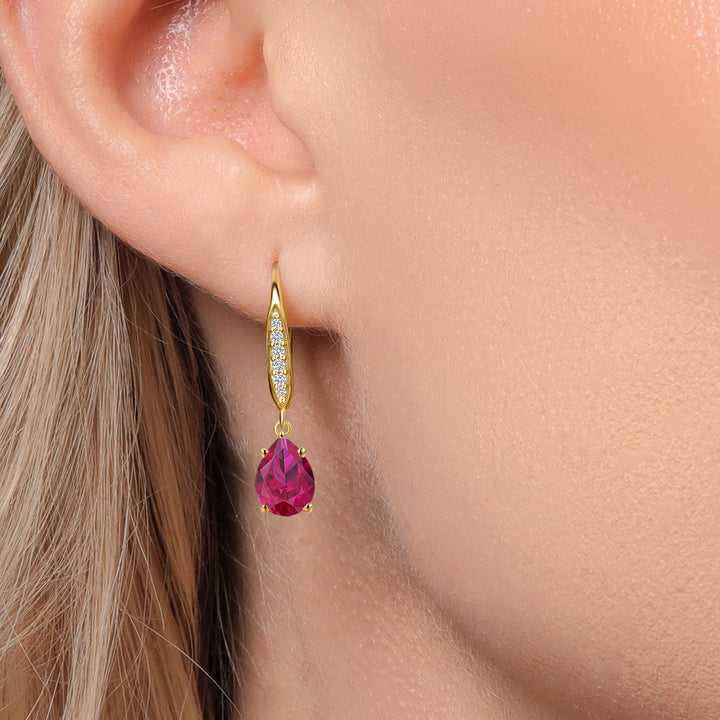 10K Yellow Gold Red Created Ruby and E - F Lab Grown Diamond Dangle Earrings for Women | 2.58 Cttw | Gemstone July Birthstone | Pear Shape 8X6MM