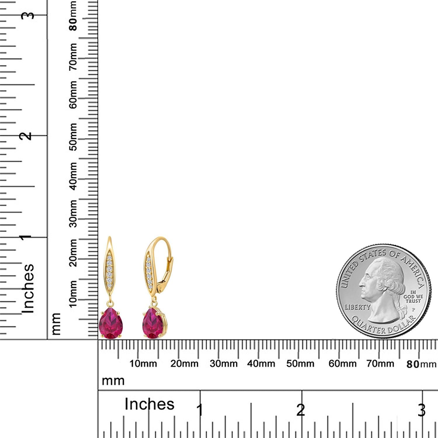 10K Yellow Gold Red Created Ruby and E - F Lab Grown Diamond Dangle Earrings for Women | 2.58 Cttw | Gemstone July Birthstone | Pear Shape 8X6MM