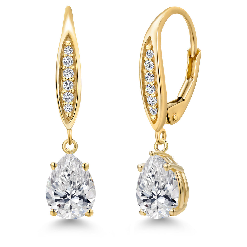 Gem Stone King 10K Yellow Gold Lab Grown Diamond Leverback Dangle Earrings for Women | 2.10 Cttw | IGI Certified Center 1 Ct Each | D-E Color VS1-VS2 Clarity | Gold Jewelry for Her Mom