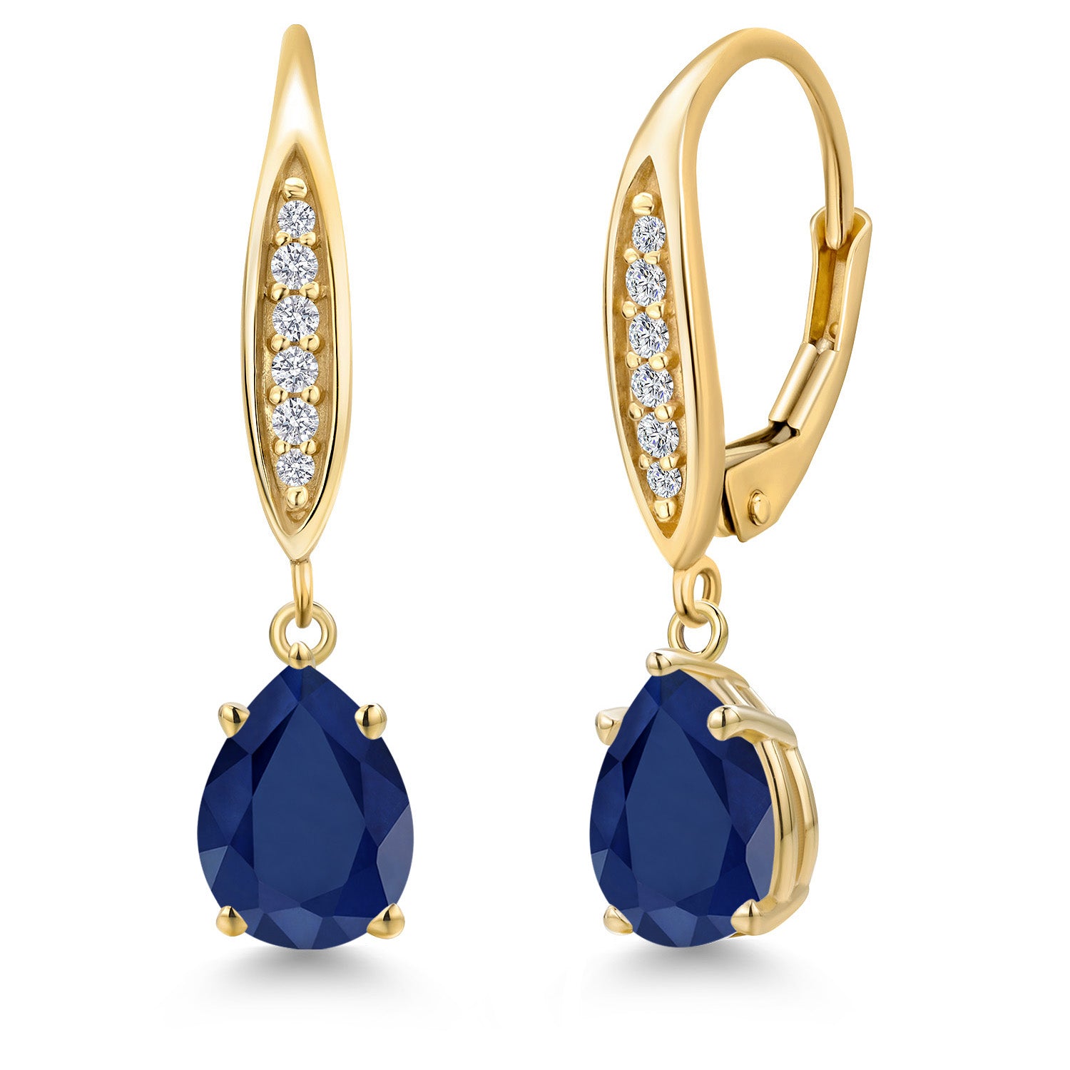 10K Yellow Gold Blue Sapphire and E - F Lab Grown Diamond Dangle Earrings for Women | 2.86 Cttw | Gemstone September Birthstone | Pear Shape 8X6MM