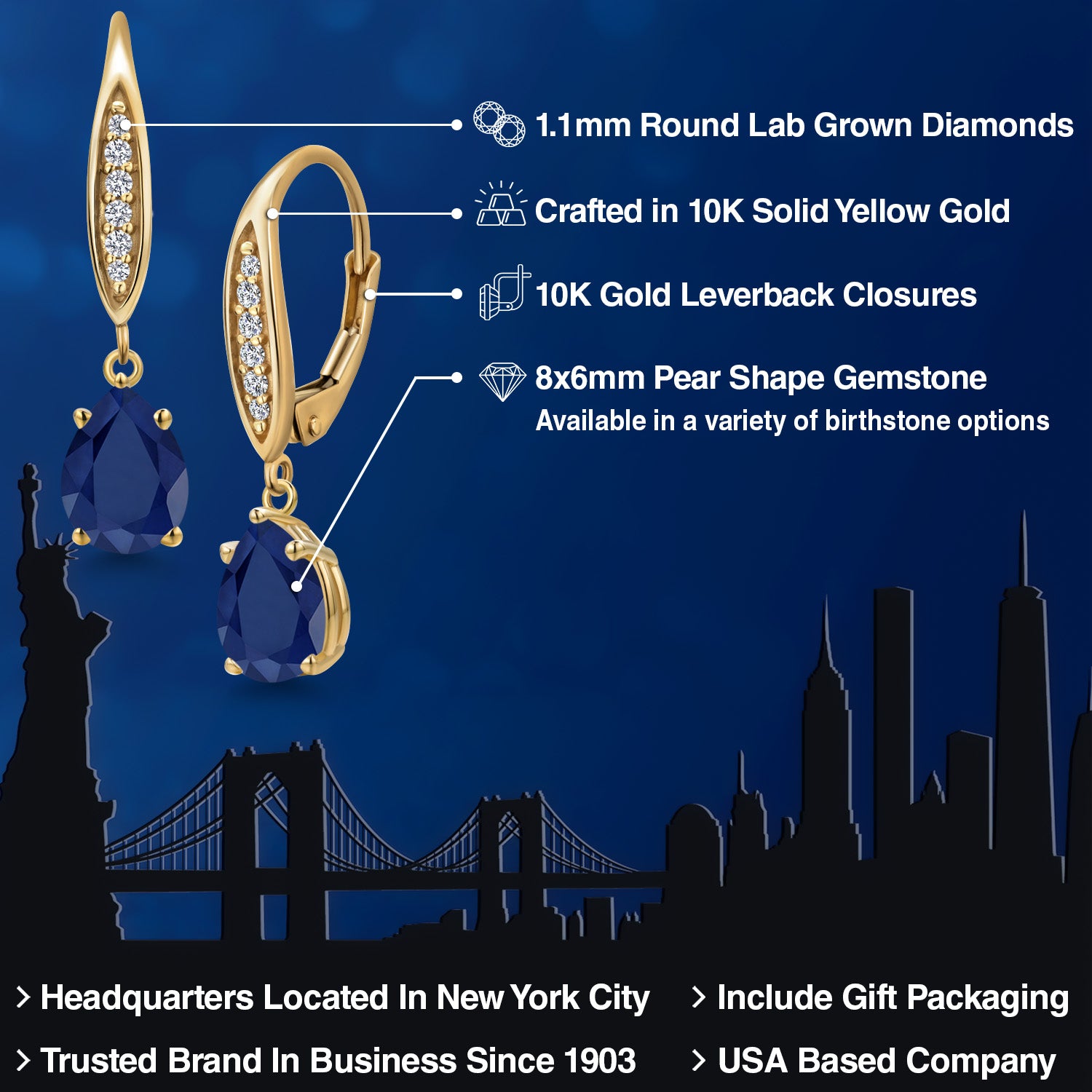 10K Yellow Gold Blue Sapphire and E - F Lab Grown Diamond Dangle Earrings for Women | 2.86 Cttw | Gemstone September Birthstone | Pear Shape 8X6MM