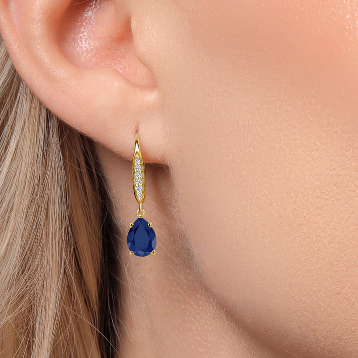 10K Yellow Gold Blue Sapphire and E - F Lab Grown Diamond Dangle Earrings for Women | 2.86 Cttw | Gemstone September Birthstone | Pear Shape 8X6MM