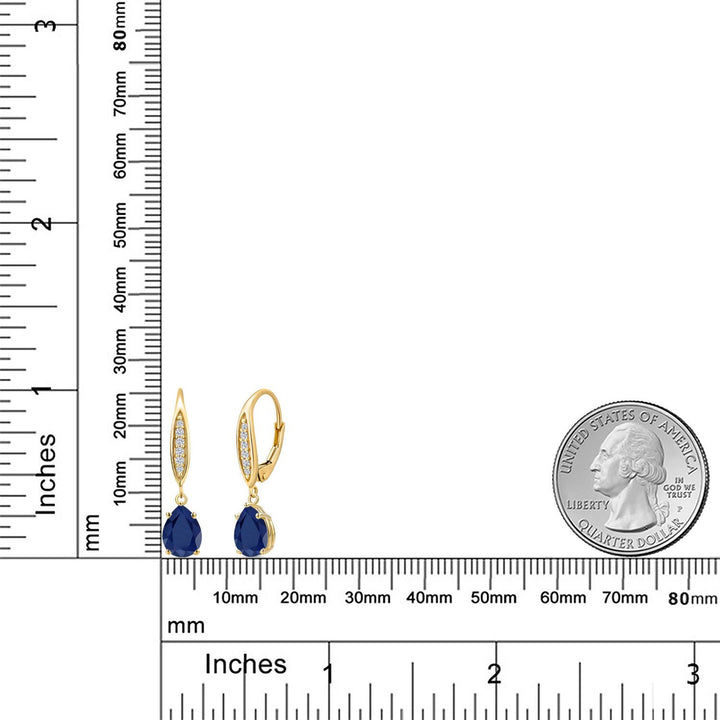 10K Yellow Gold Blue Sapphire and E - F Lab Grown Diamond Dangle Earrings for Women | 2.86 Cttw | Gemstone September Birthstone | Pear Shape 8X6MM