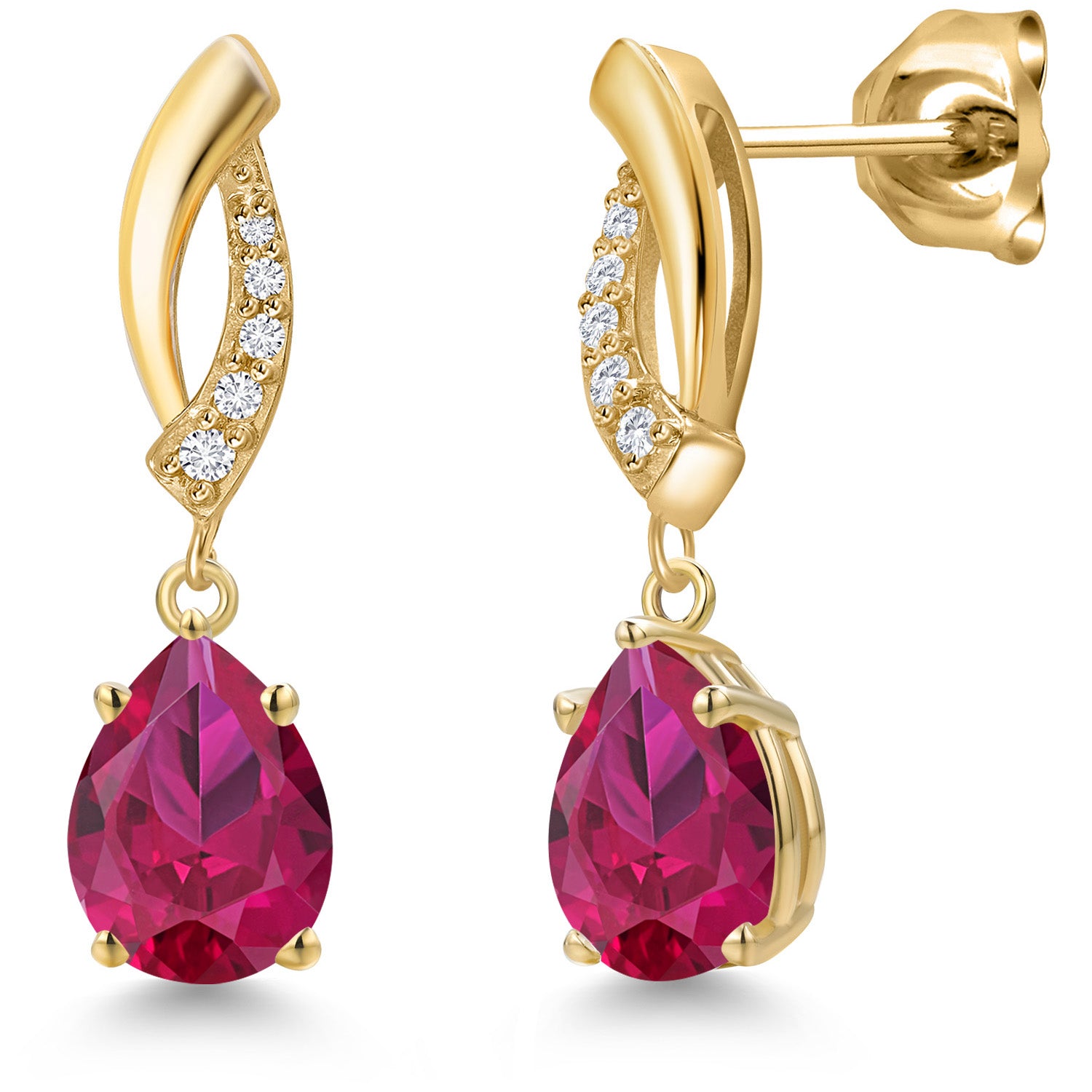 10K Yellow Gold Red Created Ruby and E - F Lab Grown Diamond Stud Dangle Earrings for Women | 2.55 Cttw | Gemstone July Birthstone | Pear Shape 8X6MM