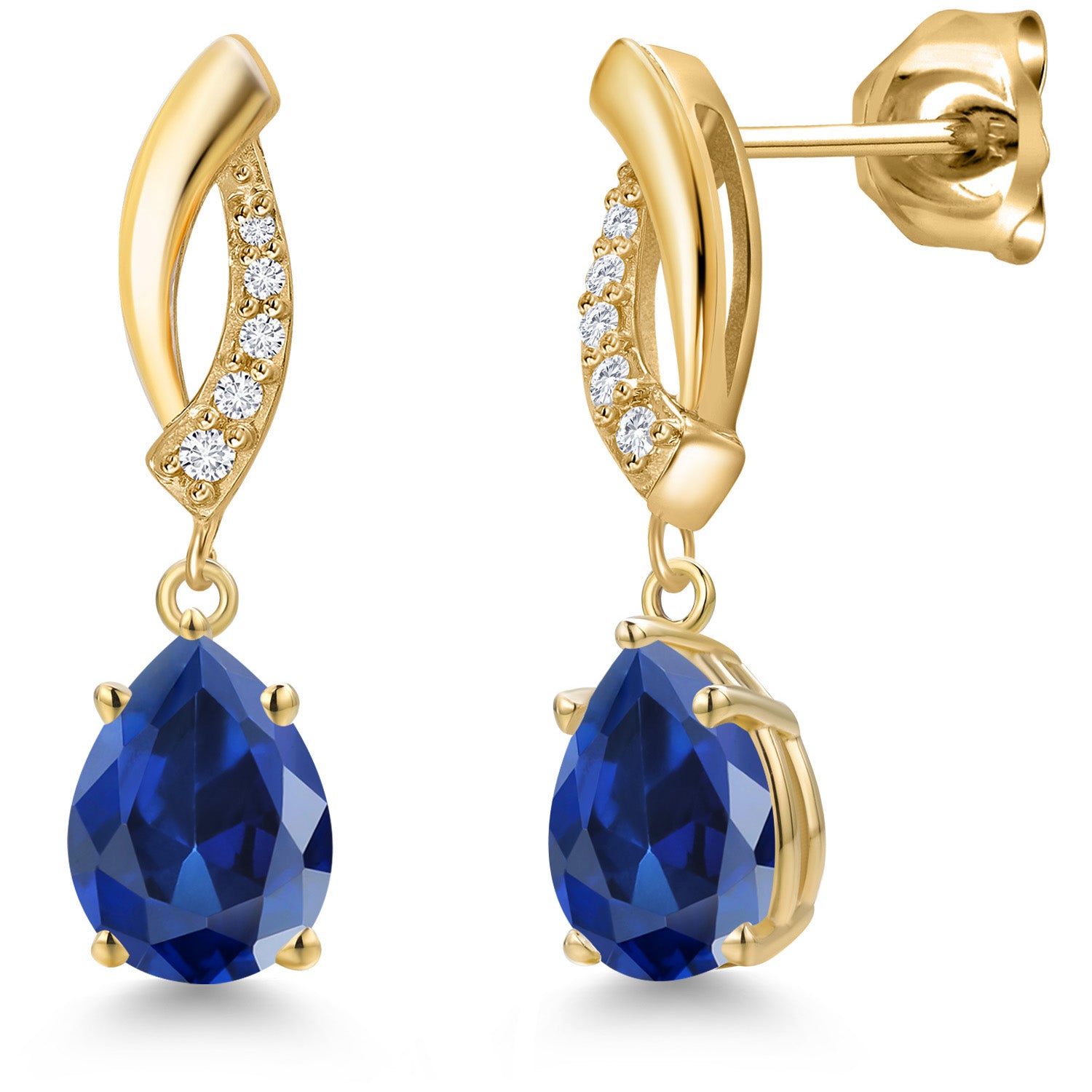 10K Yellow Gold Blue Created Sapphire and E - F Lab Grown Diamond Stud Dangle Earrings for Women | 4.05 Cttw | Gemstone September Birthstone | Pear Shape 8X6MM