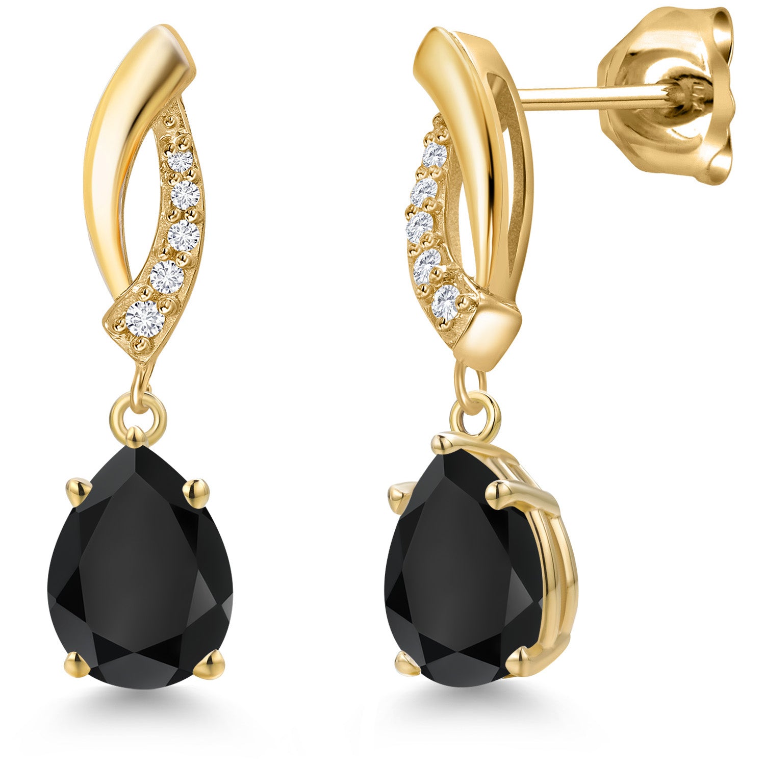 10K Yellow Gold Black Onyx and E - F Lab Grown Diamond Stud Dangle Earrings for Women | 2.23 Cttw | Gemstone December Birthstone | Pear Shape 8X6MM