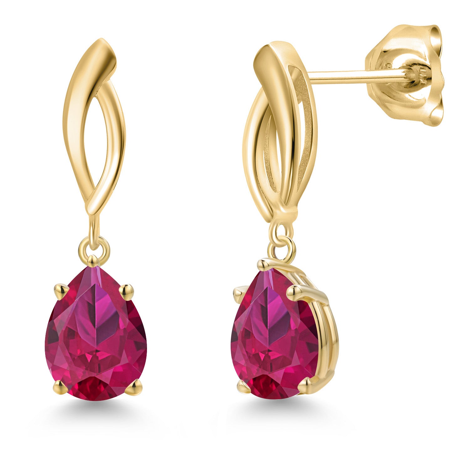 10K Yellow Gold Red Created Ruby Stud Dangle Earrings for Women | 2.50 Cttw | Gemstone July Birthstone | Pear Shape 8X6MM