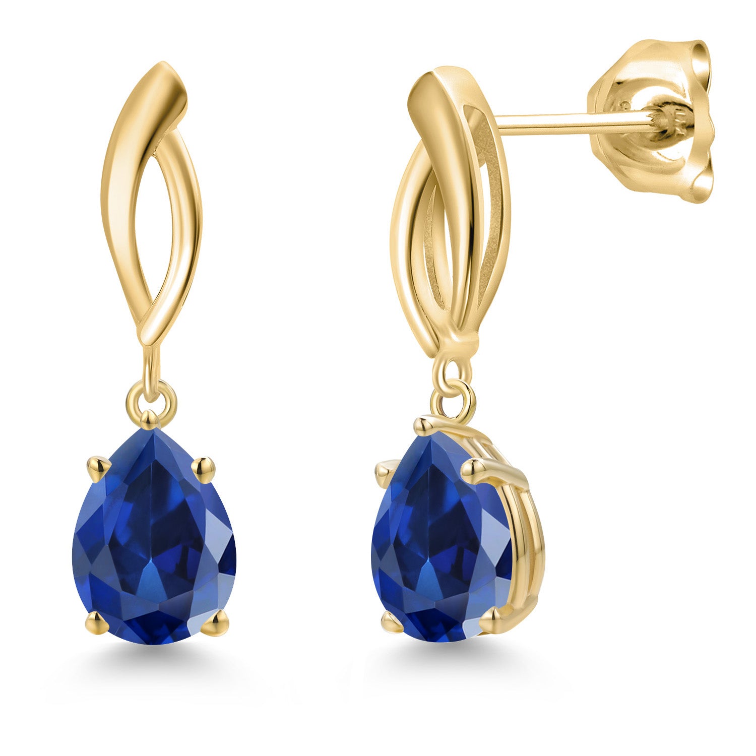 10K Yellow Gold Blue Created Sapphire Stud Dangle Earrings for Women | 4.00 Cttw | Gemstone September Birthstone | Pear Shape 8X6MM