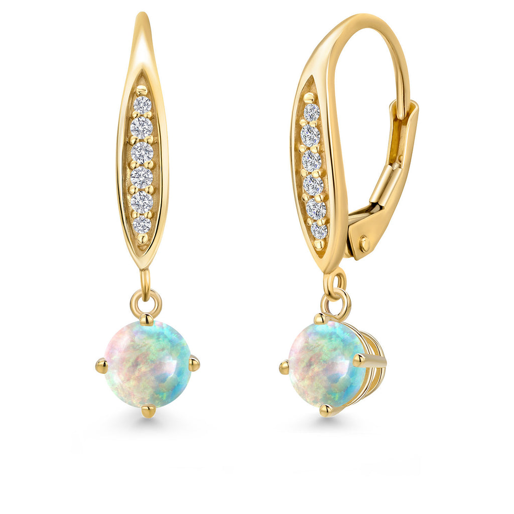 White Simulated Opal-Cabochon - October_Earrings in 10K Yellow Gold