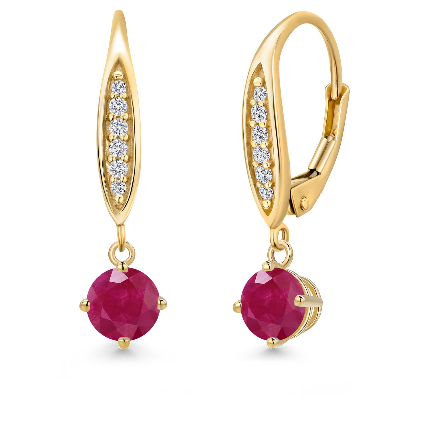 10K Yellow Gold Red Ruby and E - F Lab Grown Diamond Dangle Earrings for Women | 1.19 Cttw | Gemstone July Birthstone | Round 5MM