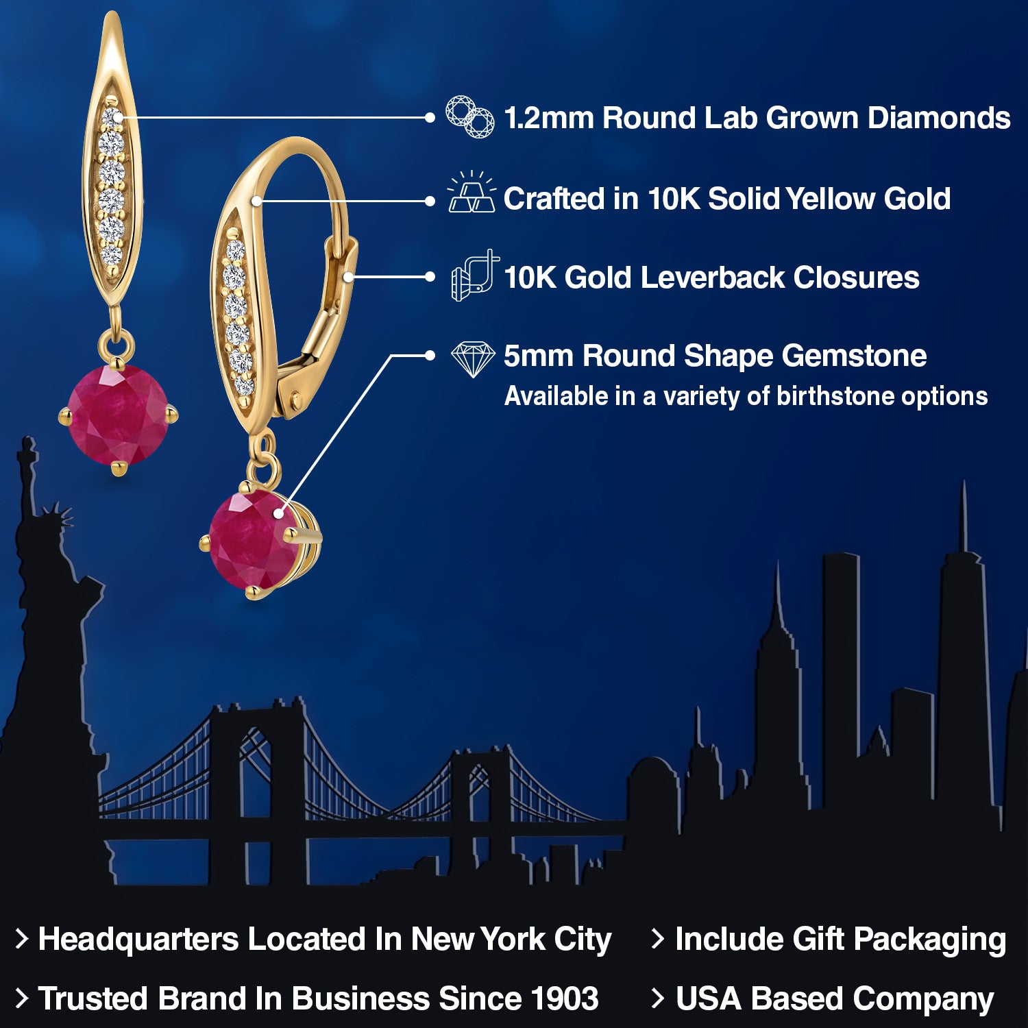 10K Yellow Gold Red Ruby and E - F Lab Grown Diamond Dangle Earrings for Women | 1.19 Cttw | Gemstone July Birthstone | Round 5MM