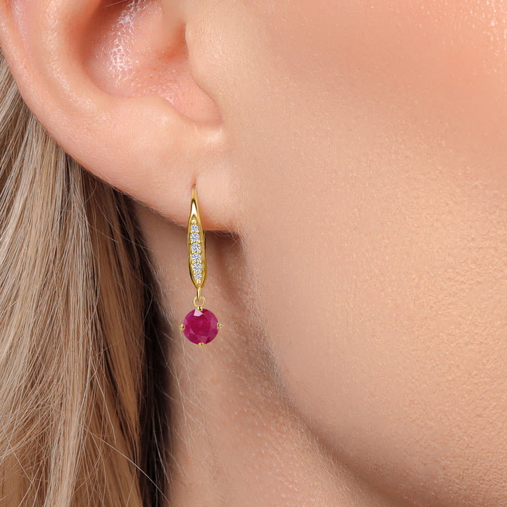 10K Yellow Gold Red Ruby and E - F Lab Grown Diamond Dangle Earrings for Women | 1.19 Cttw | Gemstone July Birthstone | Round 5MM