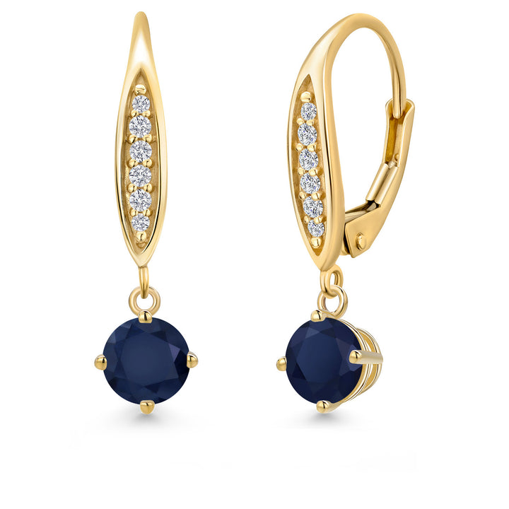 10K Yellow Gold Blue Sapphire and E - F Lab Grown Diamond Dangle Earrings for Women | 1.29 Cttw | Gemstone September Birthstone | Round 5MM