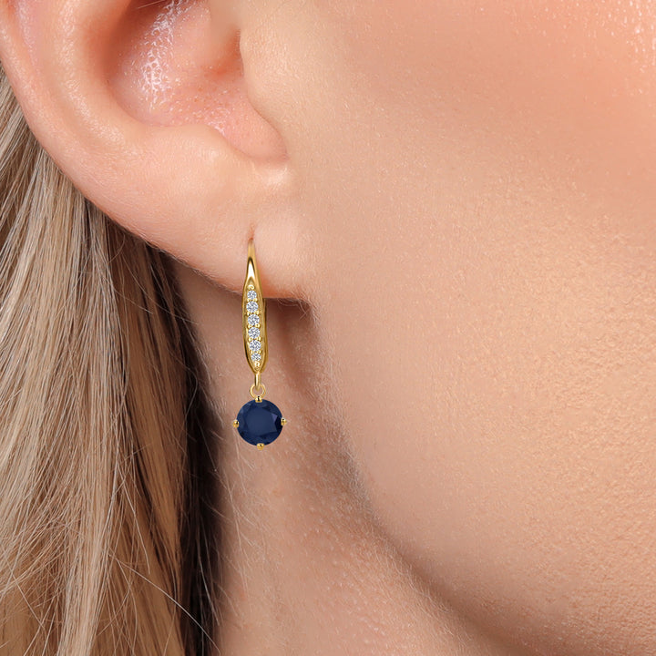 10K Yellow Gold Blue Sapphire and E - F Lab Grown Diamond Dangle Earrings for Women | 1.29 Cttw | Gemstone September Birthstone | Round 5MM