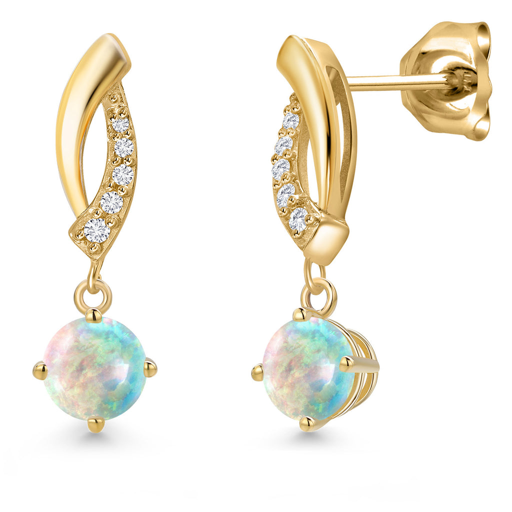 White Opal-Cabochon - October_Earrings in 10K Yellow Gold