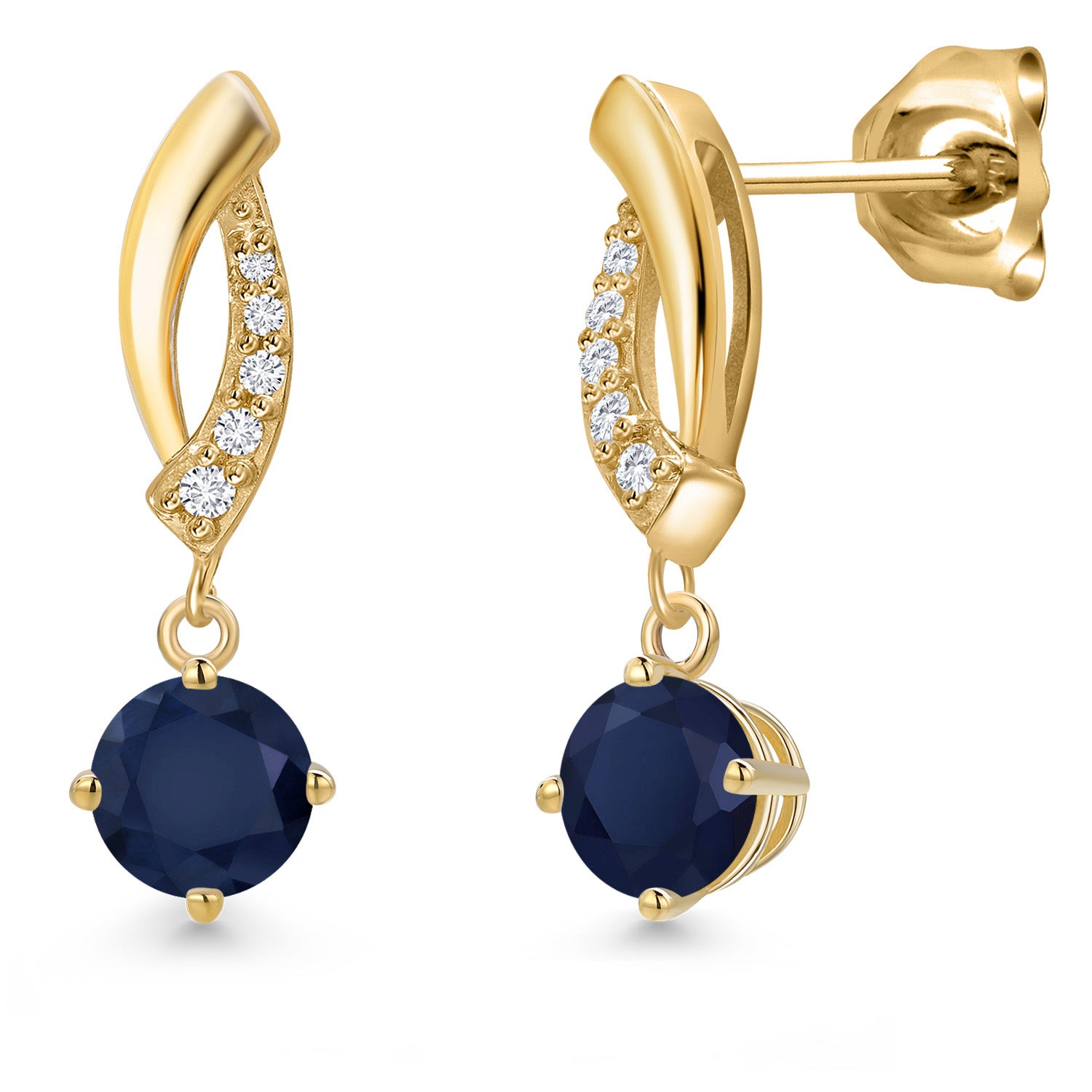 10K Yellow Gold Blue Sapphire and E - F Lab Grown Diamond Stud Dangle Earrings for Women | 1.25 Cttw | Gemstone September Birthstone | Round 5MM