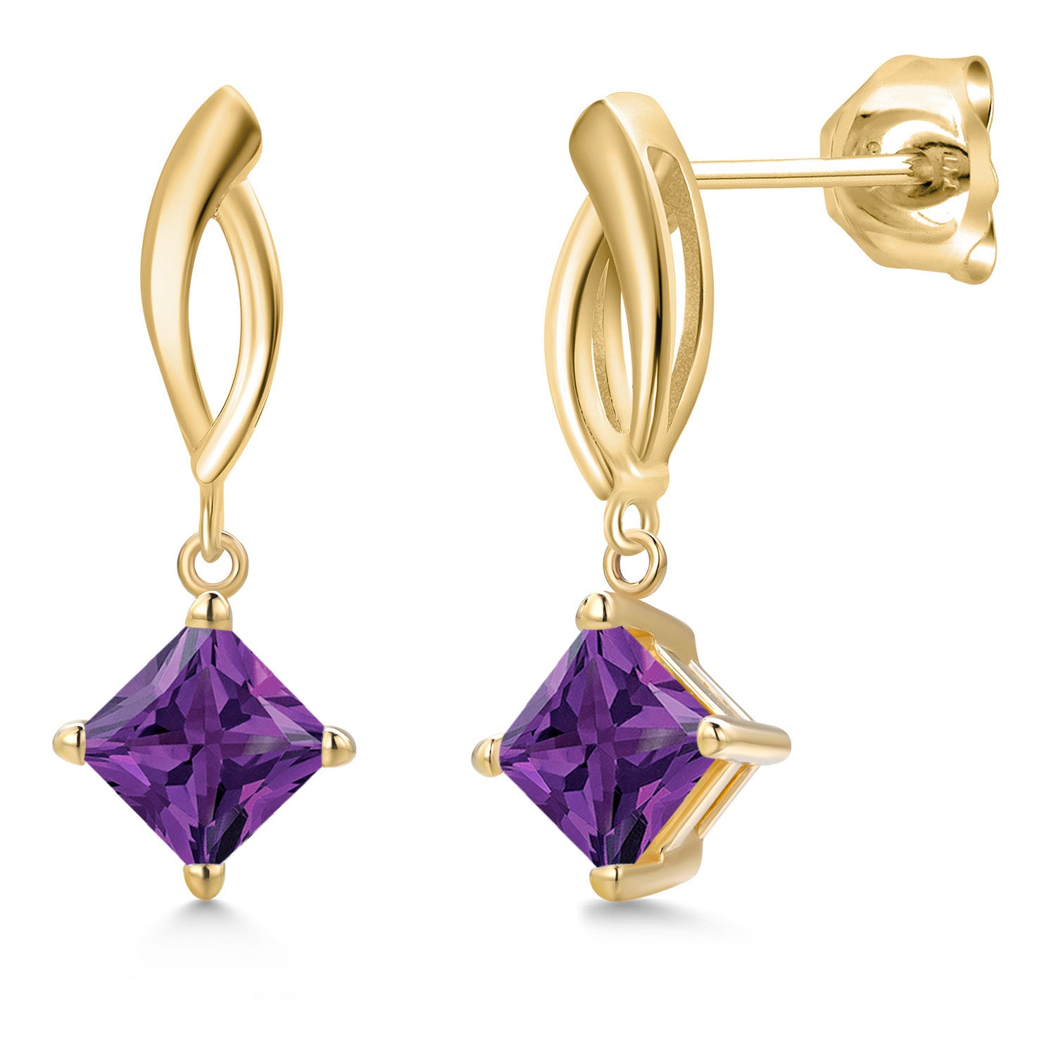 10K Yellow Gold Purple Amethyst Stud Dangle Earrings for Women | 1.30 Cttw | Gemstone February Birthstone | Princess 5MM