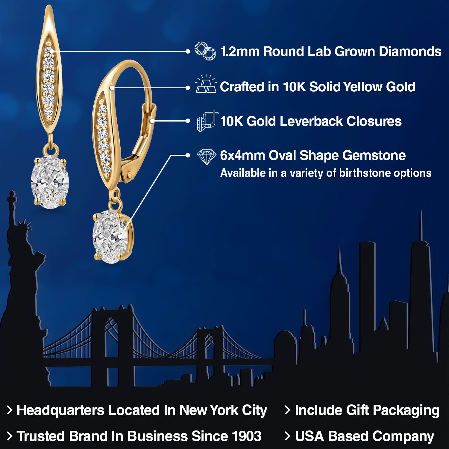 10K Yellow Gold DEF Lab Grown Diamond and E - F Lab Grown Diamond Dangle Earrings for Women | 1.10 Cttw | Gemstone April Birthstone | Oval 6X4MM