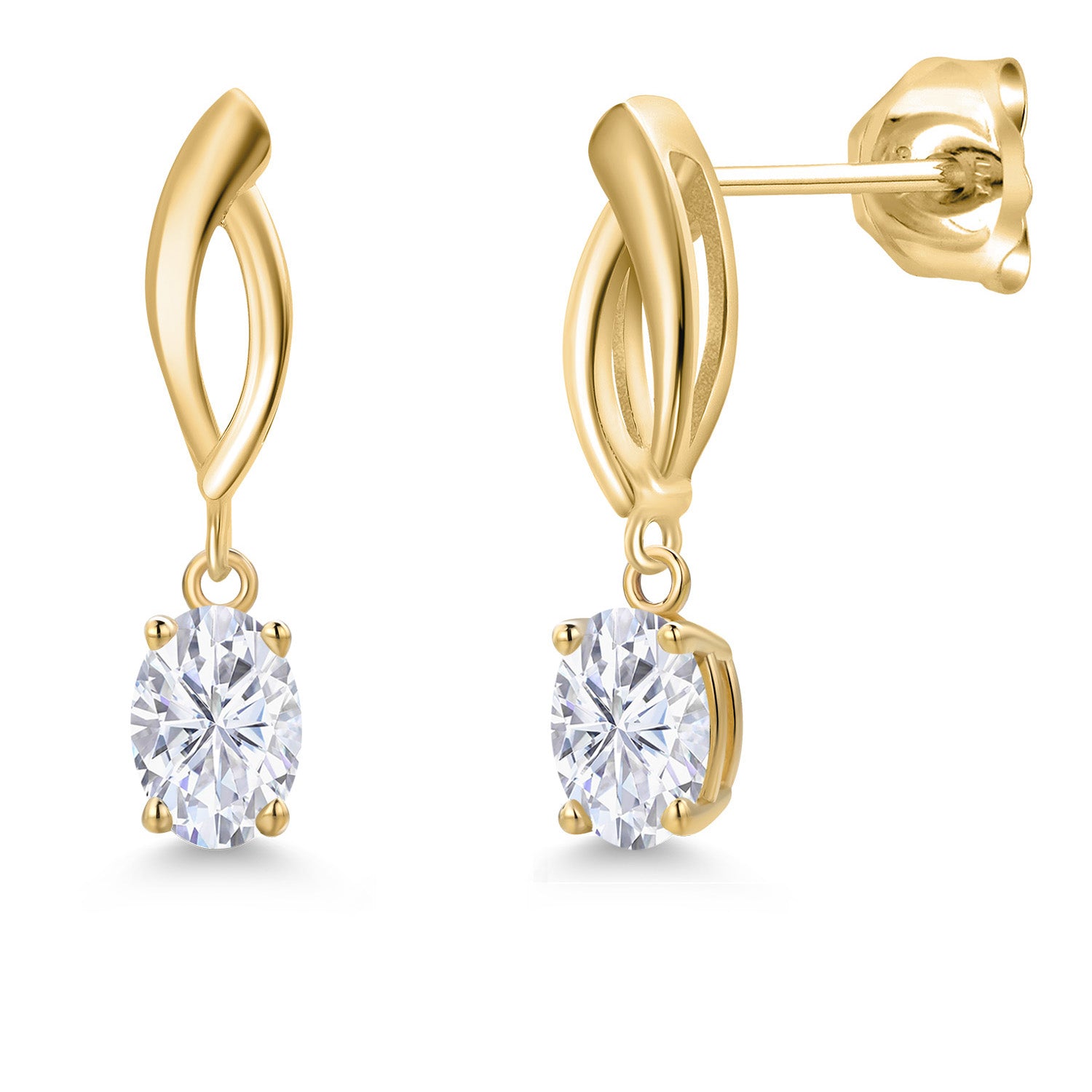 10K Yellow Gold White Moissanite Stud Dangle Earrings for Women | 1.00 Cttw | Gemstone Birthstone | Oval 6X4MM