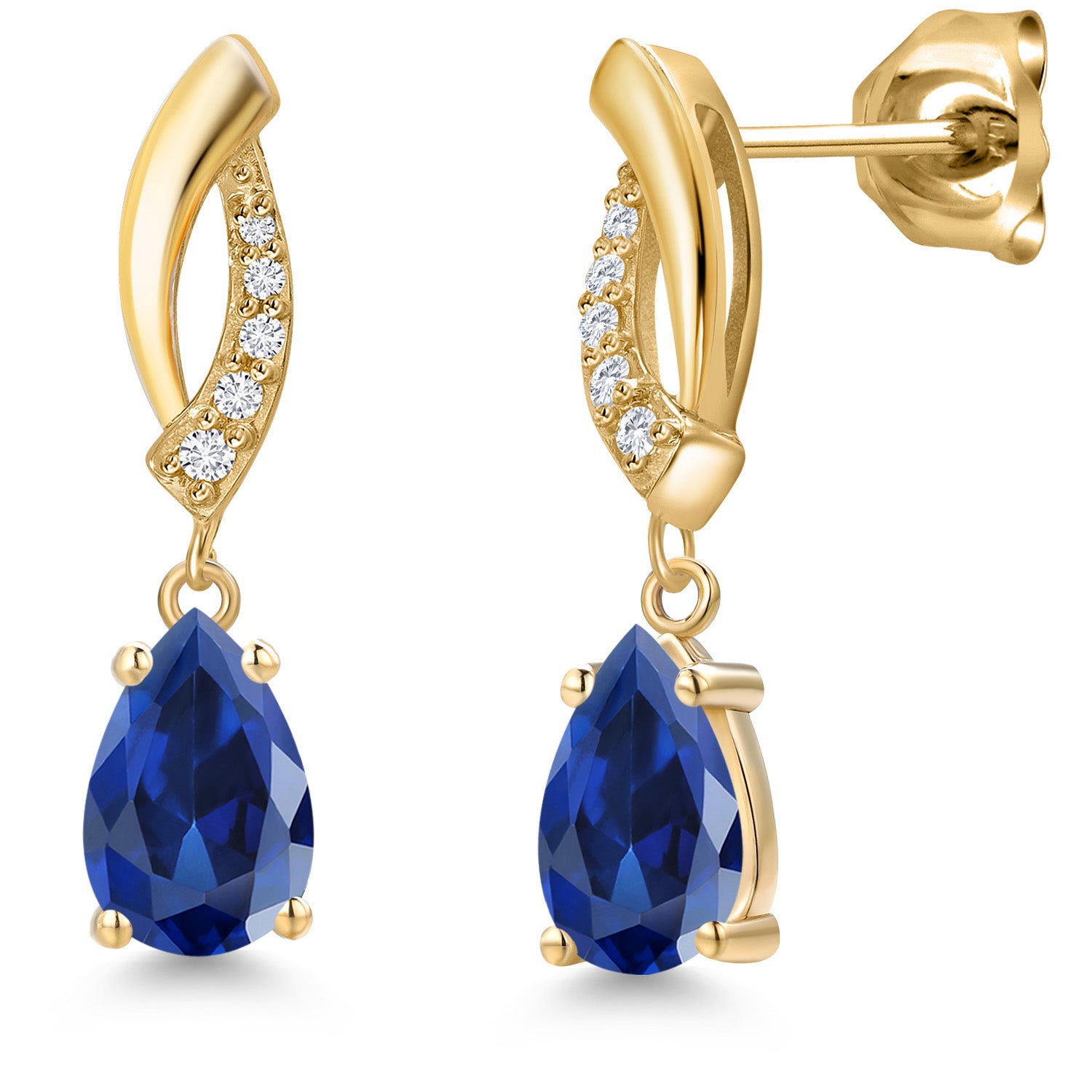 10K Yellow Gold Blue Created Sapphire and E - F Lab Grown Diamond Stud Dangle Earrings for Women | 2.27 Cttw | Gemstone September Birthstone | Pear Shape 8X5MM