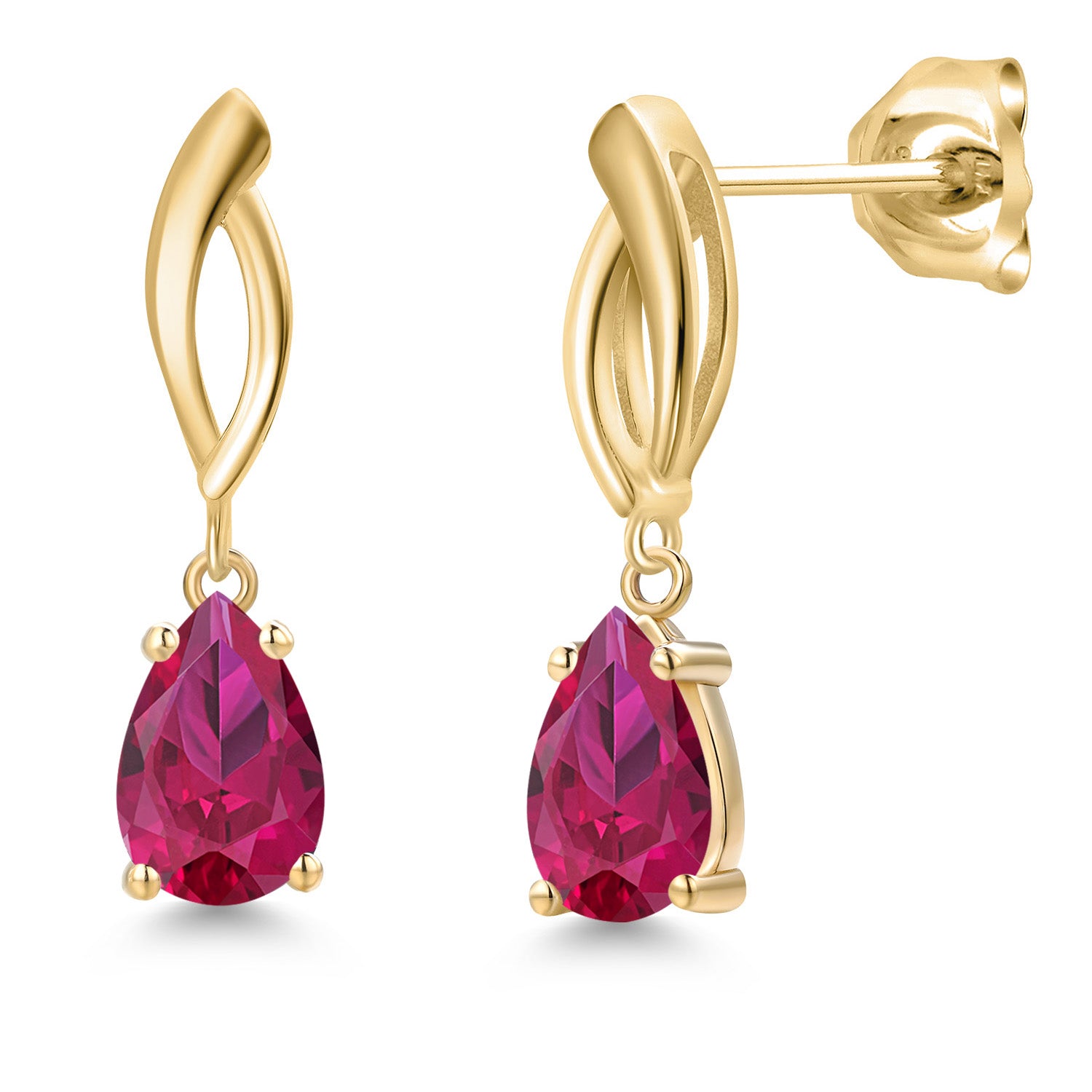 10K Yellow Gold Red Created Ruby Stud Dangle Earrings for Women | 2.10 Cttw | Gemstone July Birthstone | Pear Shape 8X5MM