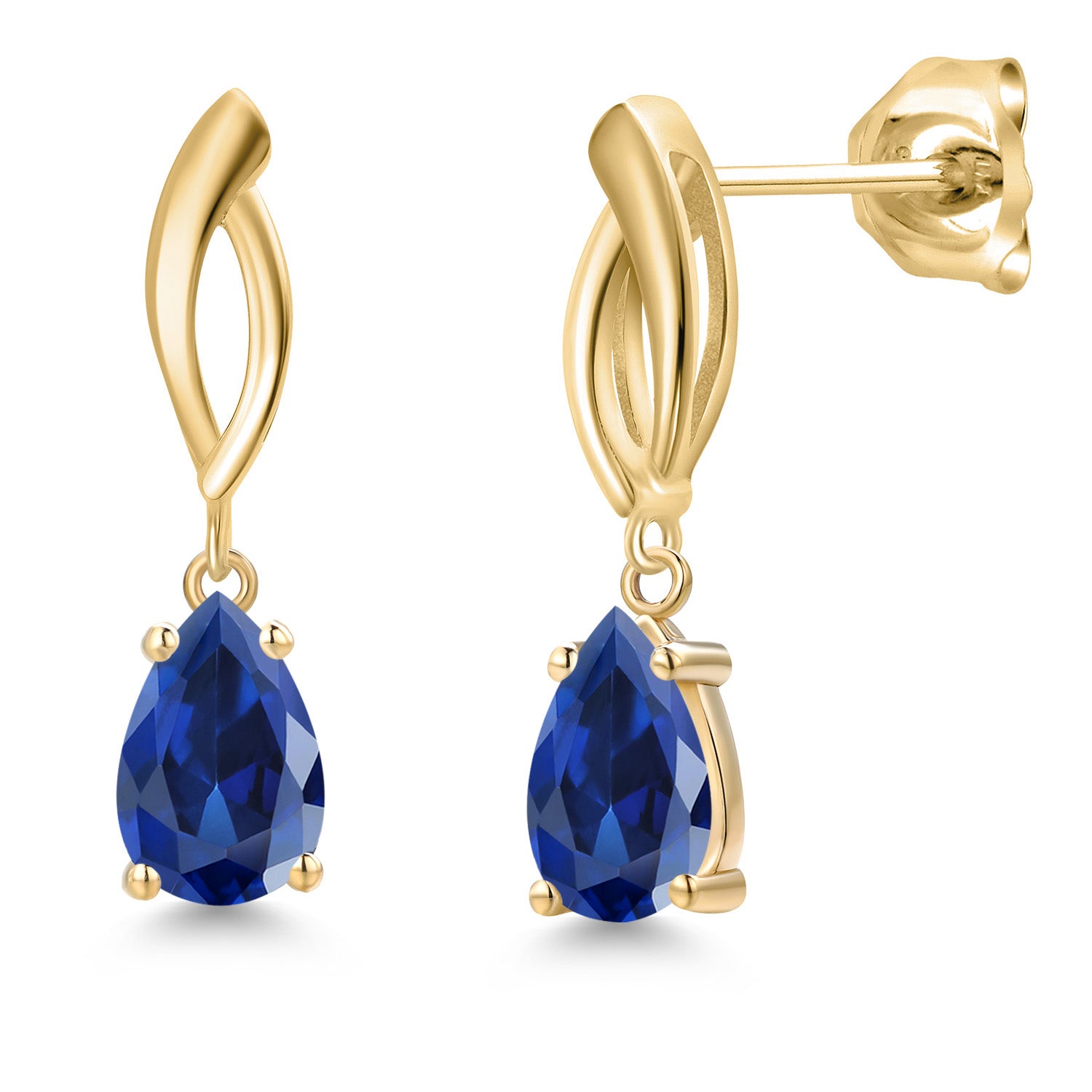 10K Yellow Gold Blue Created Sapphire Stud Dangle Earrings for Women | 2.22 Cttw | Gemstone September Birthstone | Pear Shape 8X5MM