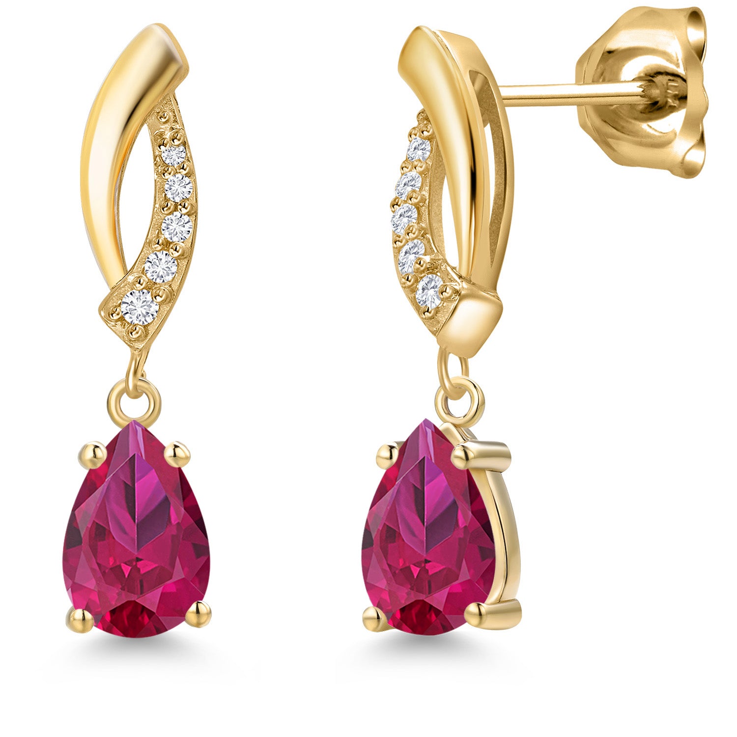 10K Yellow Gold Red Created Ruby and E - F Lab Grown Diamond Stud Dangle Earrings for Women | 2.05 Cttw | Gemstone July Birthstone | Pear Shape 7X5MM