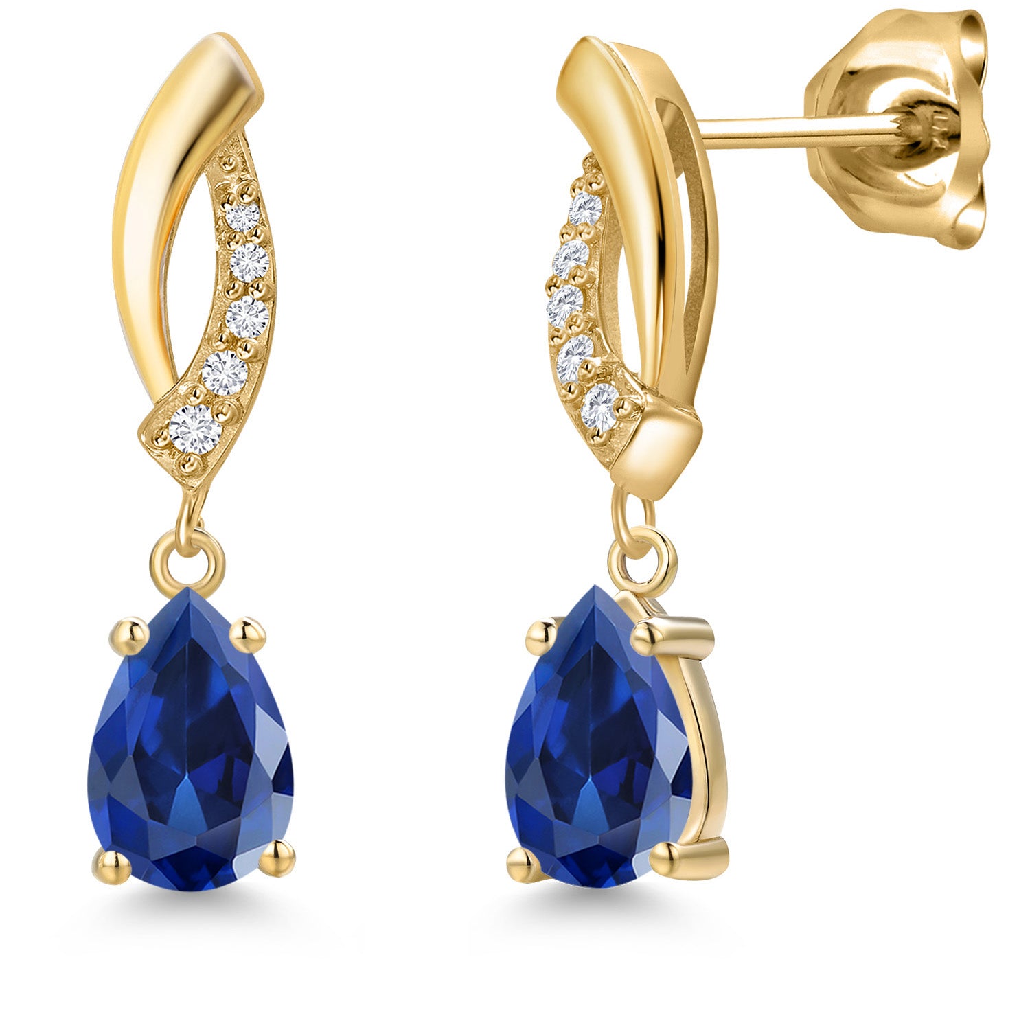 10K Yellow Gold Blue Created Sapphire and E - F Lab Grown Diamond Stud Dangle Earrings for Women | 2.05 Cttw | Gemstone September Birthstone | Pear Shape 7X5MM