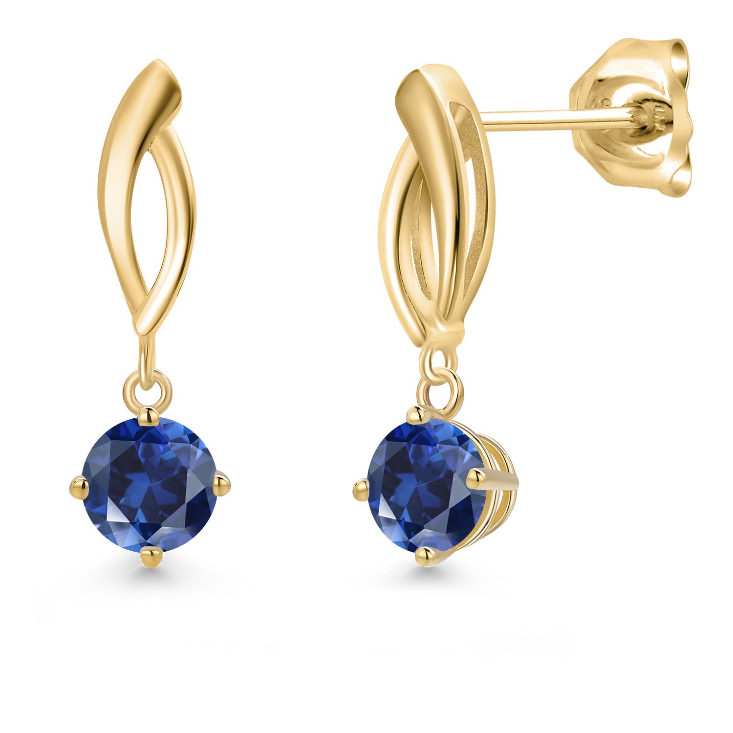 10K Yellow Gold Blue Created Sapphire Stud Dangle Earrings for Women | 0.70 Cttw | Gemstone September Birthstone | Round 4.5MM