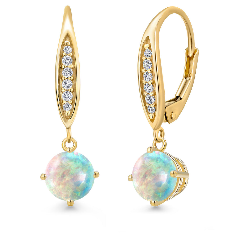White Simulated Opal-Cabochon - October_Earrings in 10K Yellow Gold