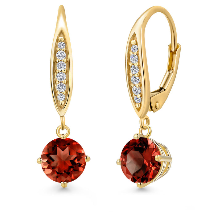 10K Yellow Gold Red Garnet and E - F Lab Grown Diamond Dangle Earrings for Women | 2.10 Cttw | Gemstone January Birthstone | Round 6MM