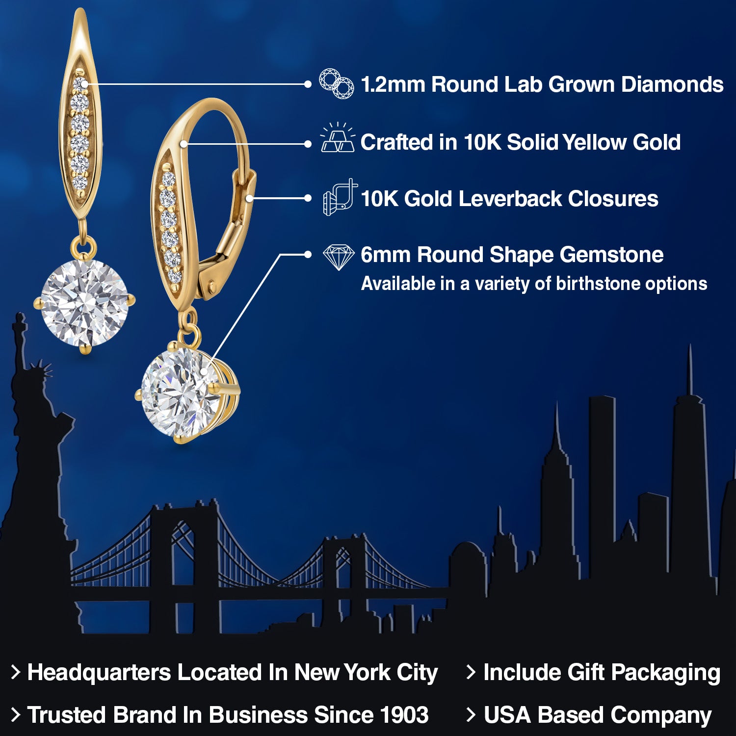 10K Yellow Gold E - F Lab Grown Diamond Dangle Earrings for Women | 1.58 Cttw | Gemstone April Birthstone | Round 6MM