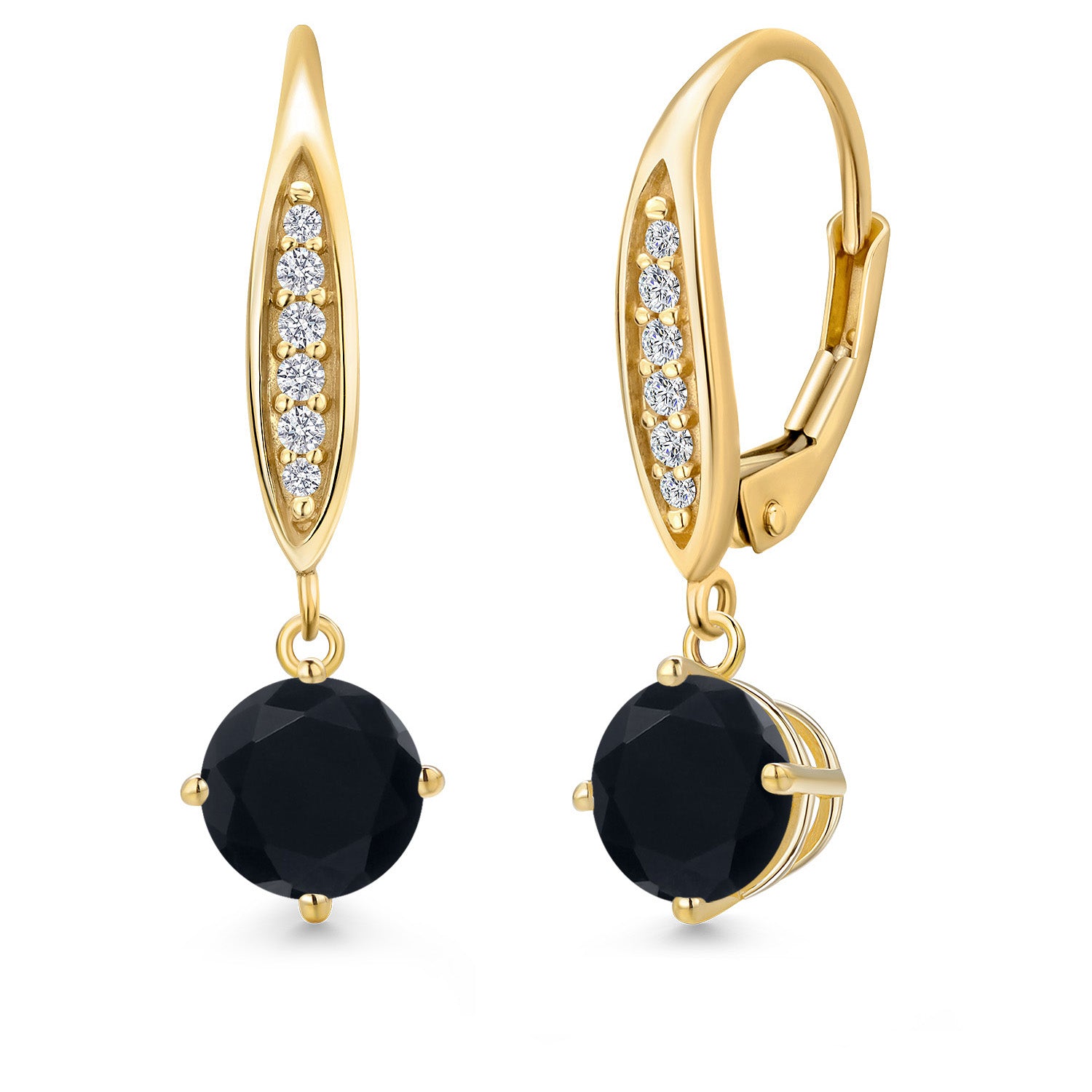 10K Yellow Gold Black Onyx and E - F Lab Grown Diamond Dangle Earrings for Women | 1.70 Cttw | Gemstone December Birthstone | Round 6MM