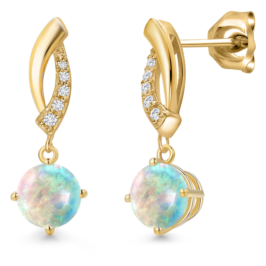 White Opal-Cabochon - October_Earrings in 10K Yellow Gold