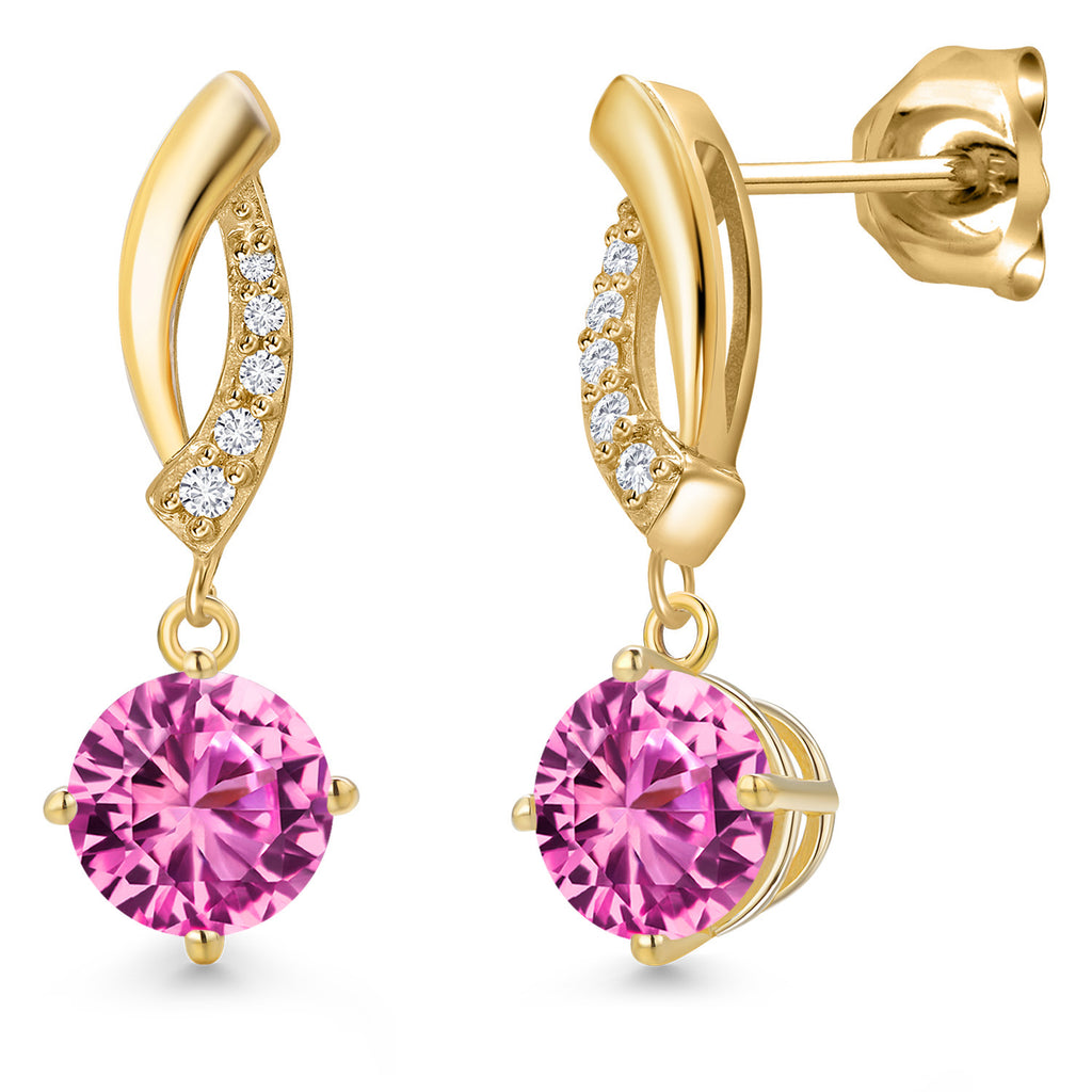 Pink Created Sapphire - September_Earrings in 10K Yellow Gold