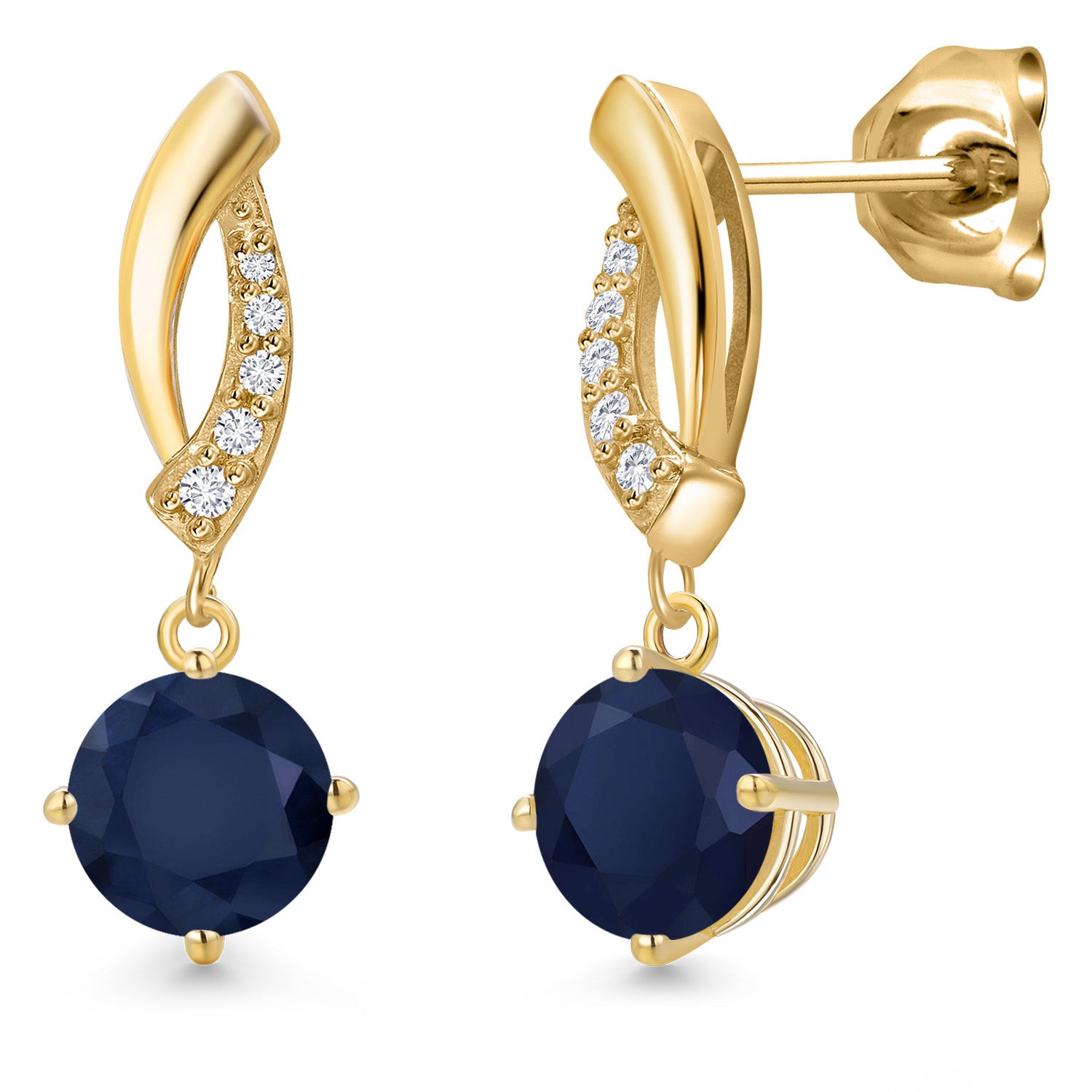 10K Yellow Gold Blue Sapphire and E - F Lab Grown Diamond Stud Dangle Earrings for Women | 2.25 Cttw | Gemstone September Birthstone | Round 6MM