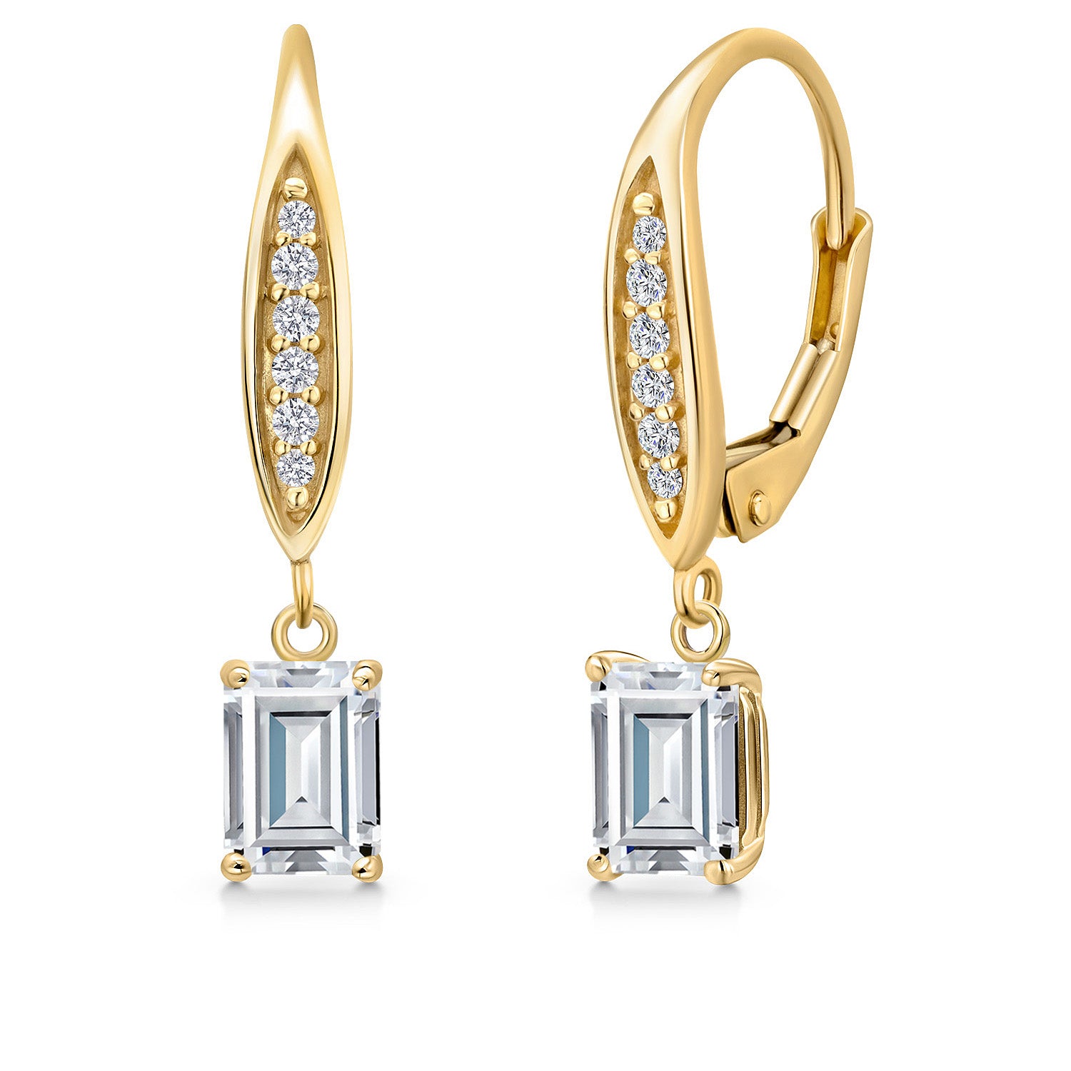 10K Yellow Gold White Moissanite and E - F Lab Grown Diamond Dangle Earrings for Women | 1.24 Cttw | Gemstone Birthstone | Emerald Cut 6X4MM