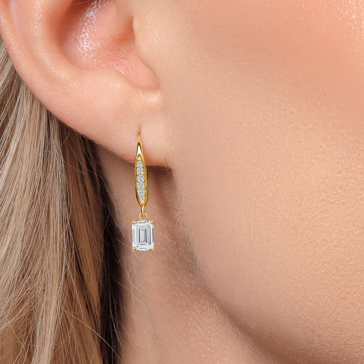 10K Yellow Gold Lab Grown Diamond Dangle Earrings for Women | 1.40 Cttw | Gemstone April Birthstone | Emerald Cut 6X4MM