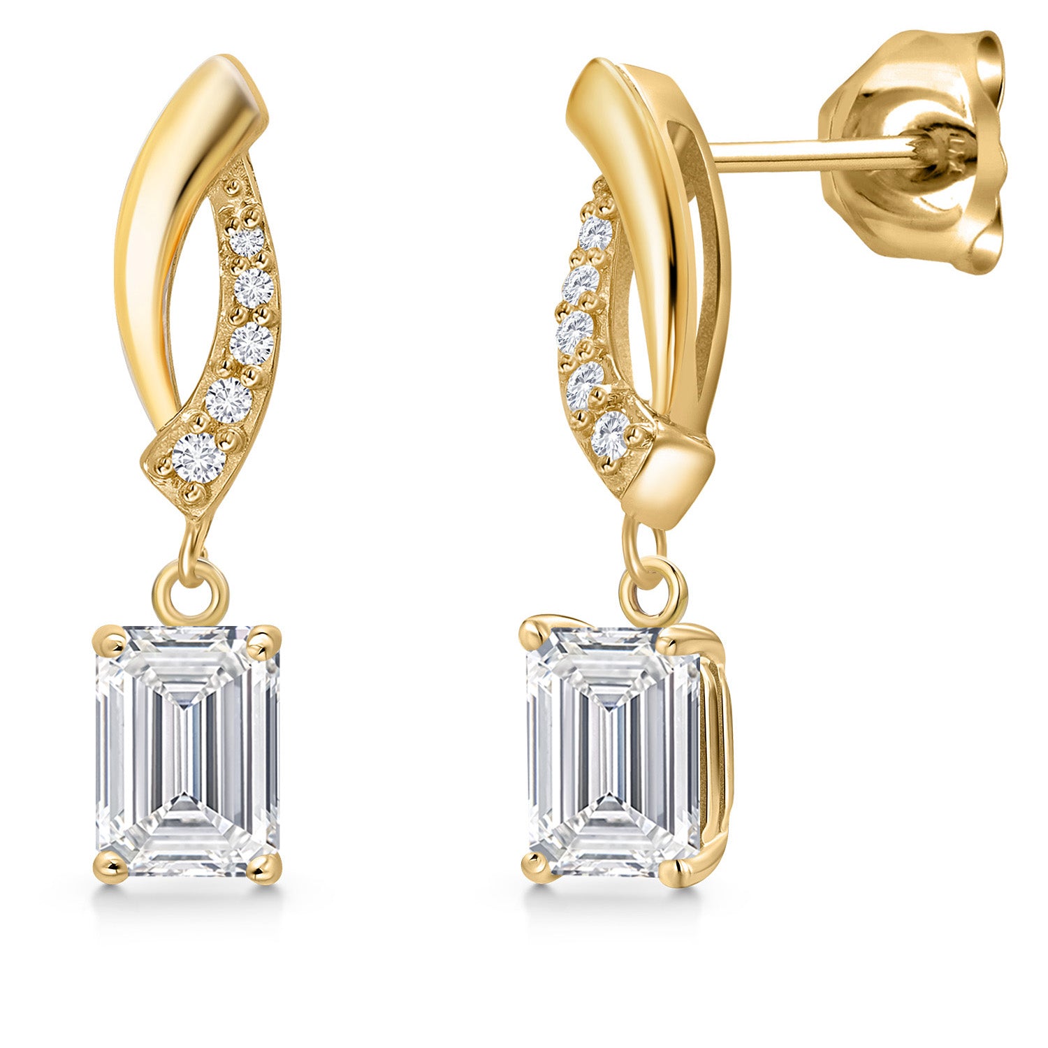 10K Yellow Gold Lab Grown Diamond Stud Dangle Earrings for Women | 1.35 Cttw | Gemstone April Birthstone | Emerald Cut 6X4MM