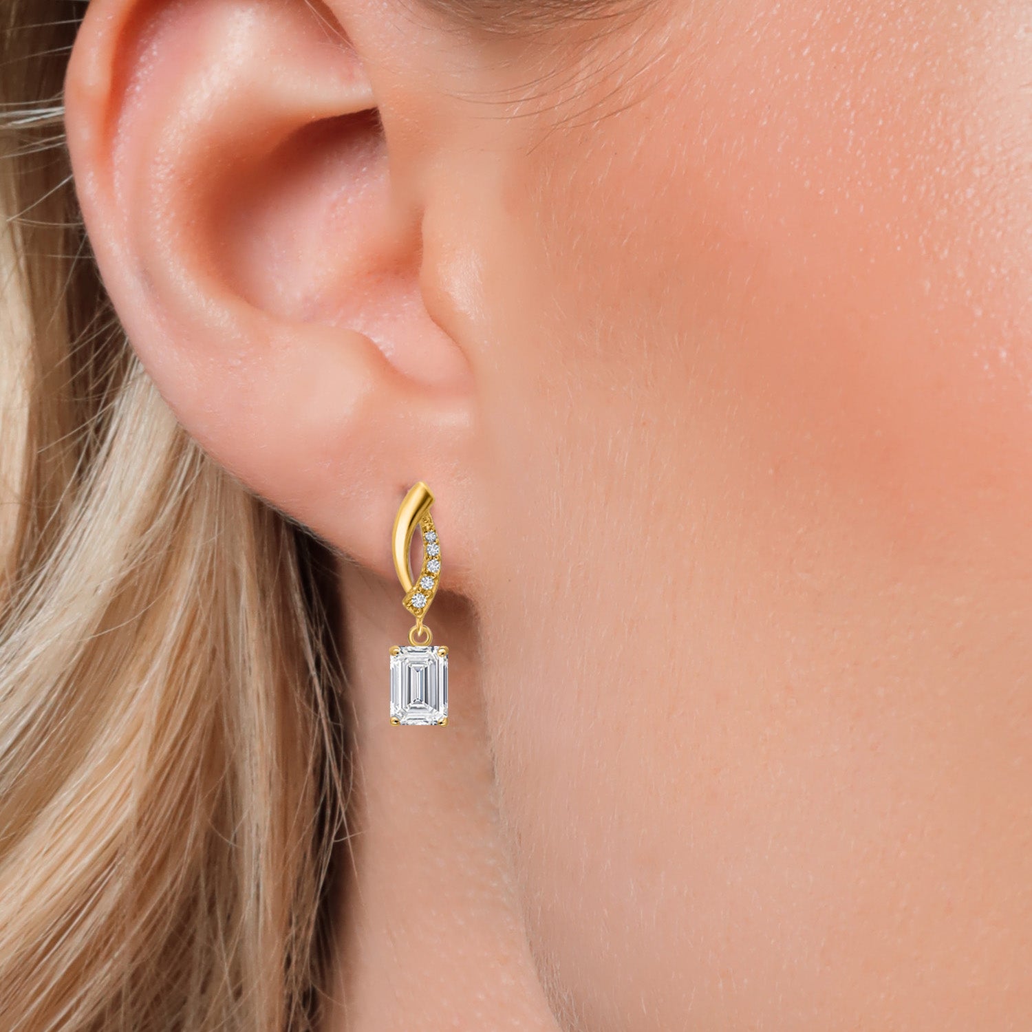 10K Yellow Gold Lab Grown Diamond Stud Dangle Earrings for Women | 1.35 Cttw | Gemstone April Birthstone | Emerald Cut 6X4MM