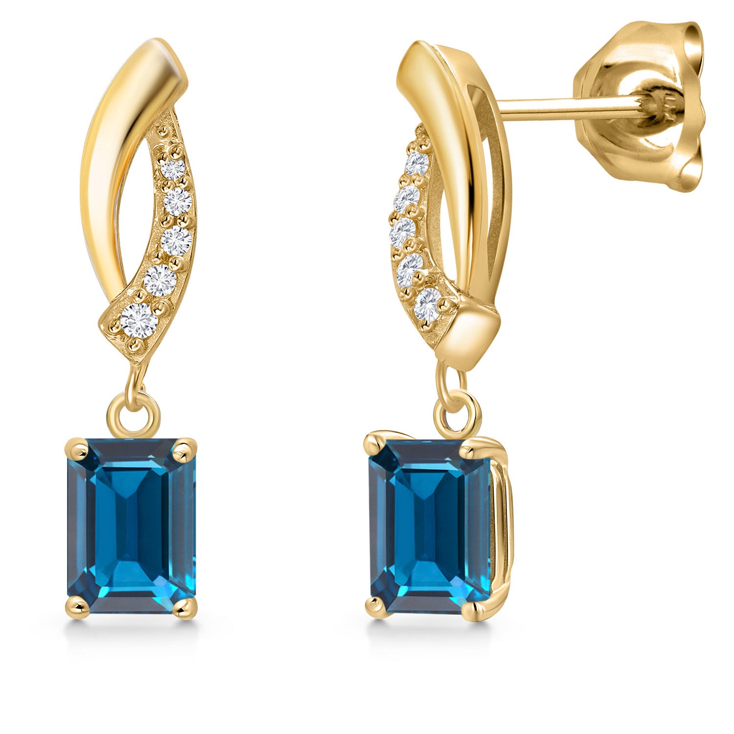 10K Yellow Gold London Blue Topaz and E - F Lab Grown Diamond Stud Dangle Earrings for Women | 1.37 Cttw | Gemstone November Birthstone | Emerald Cut 6X4MM