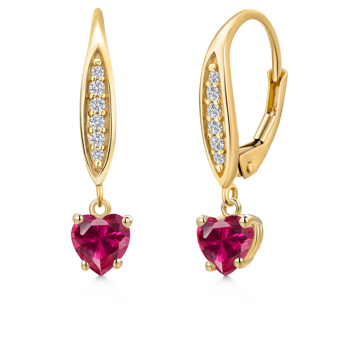 10K Yellow Gold Red Created Ruby and E - F Lab Grown Diamond Dangle Earrings for Women | 1.30 Cttw | Gemstone July Birthstone | Heart Shape 5MM