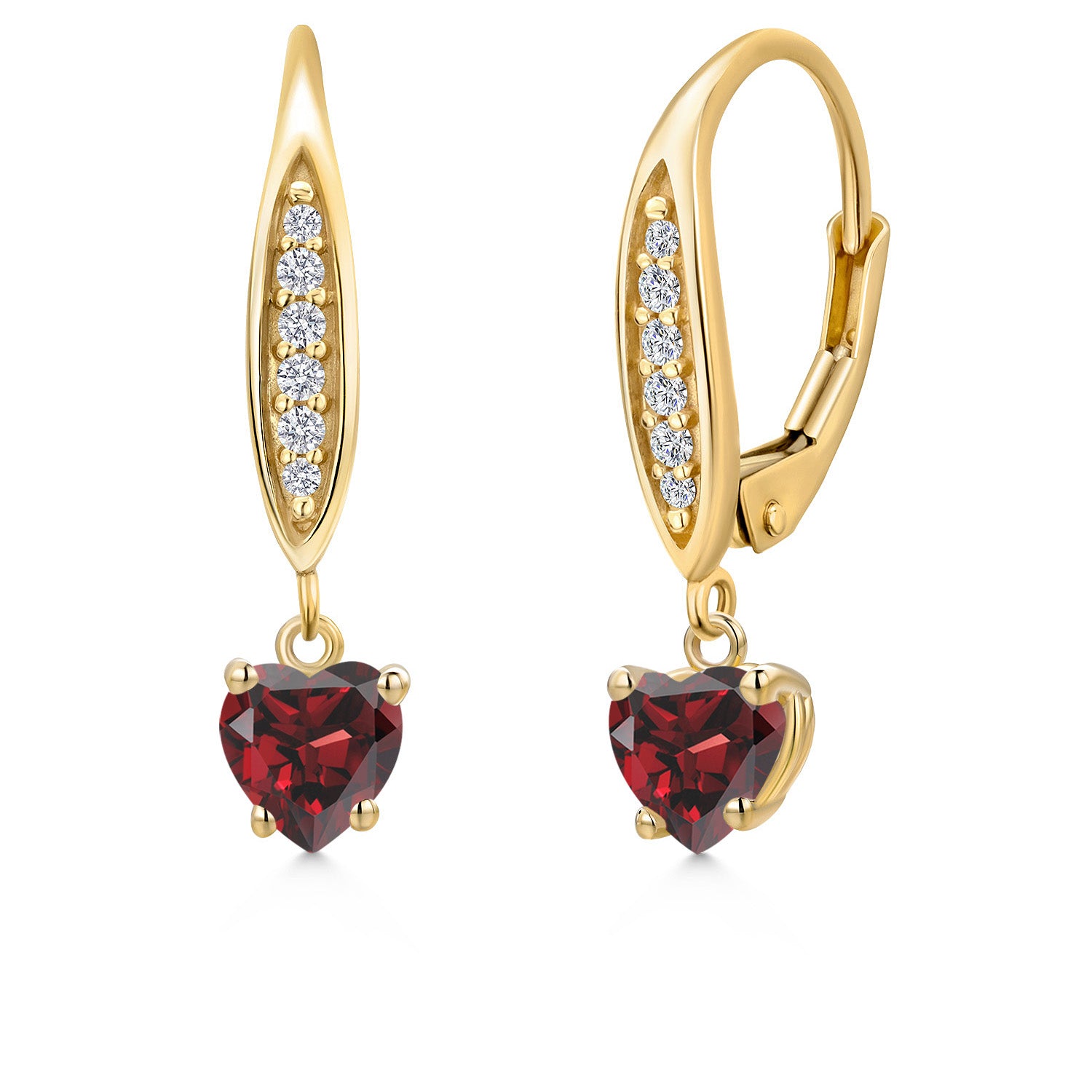 10K Yellow Gold Red Garnet and E - F Lab Grown Diamond Dangle Earrings for Women | 1.30 Cttw | Gemstone January Birthstone | Heart Shape 5MM