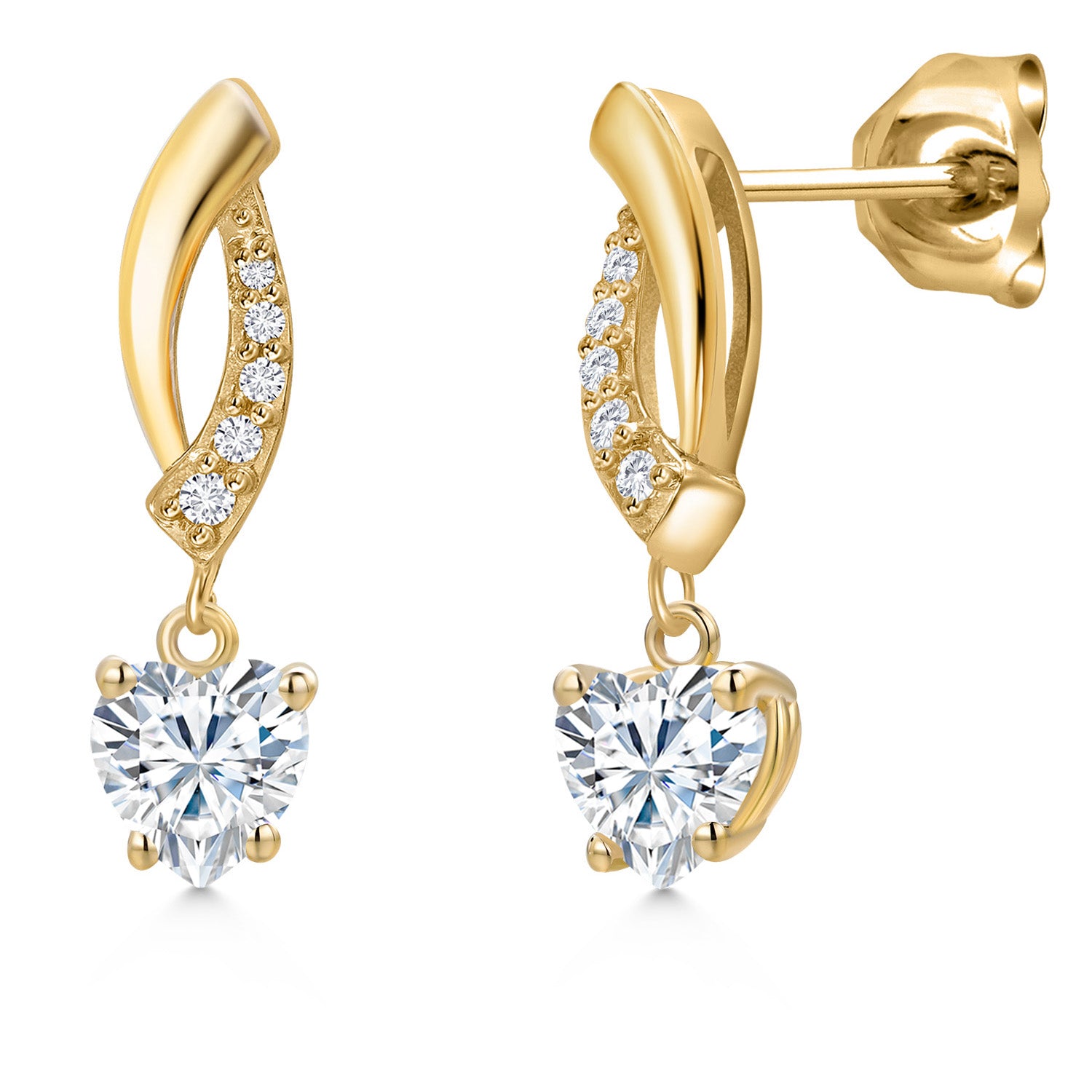 10K Yellow Gold Forever Classic Moissanite and Lab Grown Diamond Stud Dangle Earrings for Women | 1.05 Cttw | Gemstone Birthstone | Heart Shape 5MM