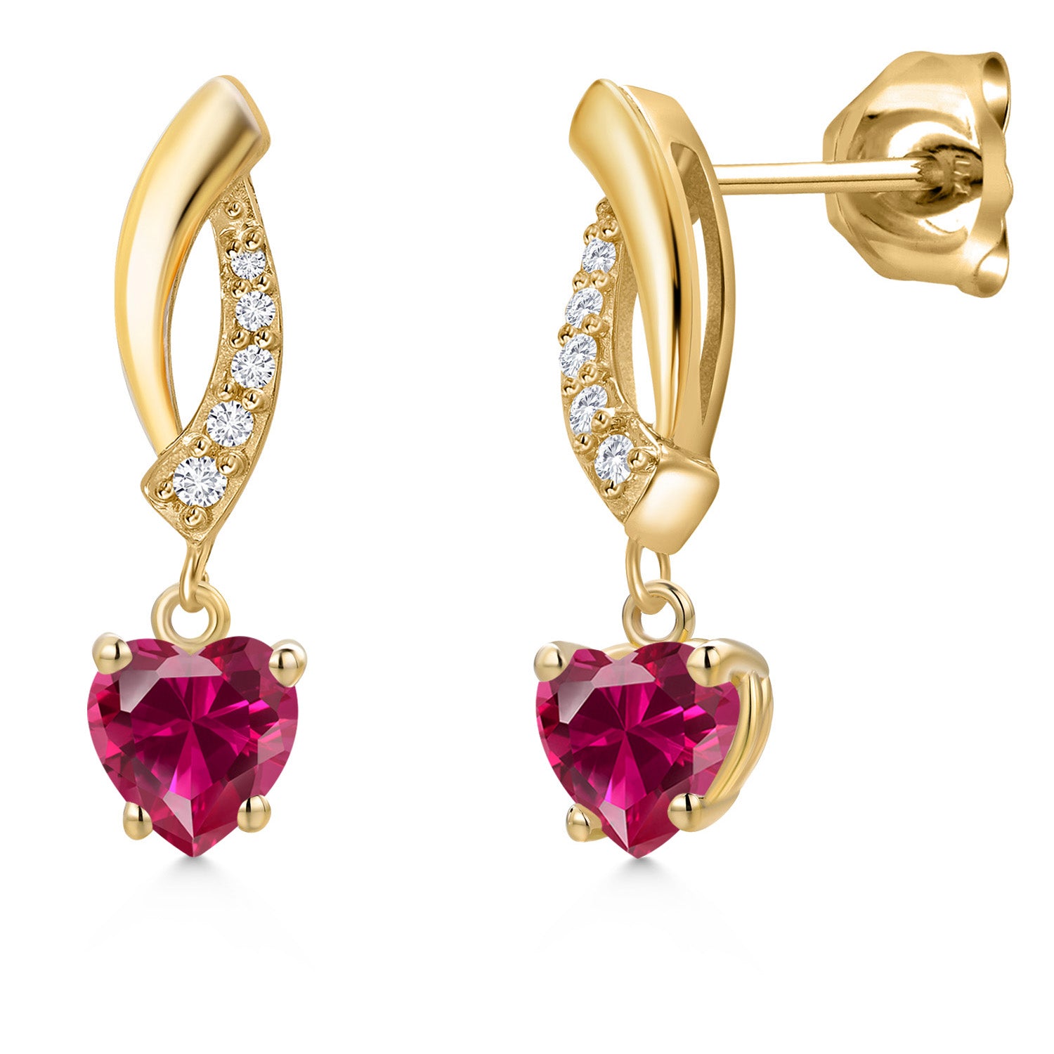 10K Yellow Gold Red Created Ruby and E - F Lab Grown Diamond Stud Dangle Earrings for Women | 1.25 Cttw | Gemstone July Birthstone | Heart Shape 5MM